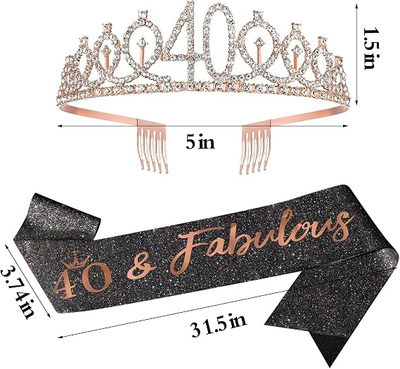 40th Birthday Celebration Pack for Women: Crown, Pearl Pin, and Sash Made of Black Glitter Fabric with Rose Gold Letters, 40 & Fabulous Birthday Crown and Sash Kit