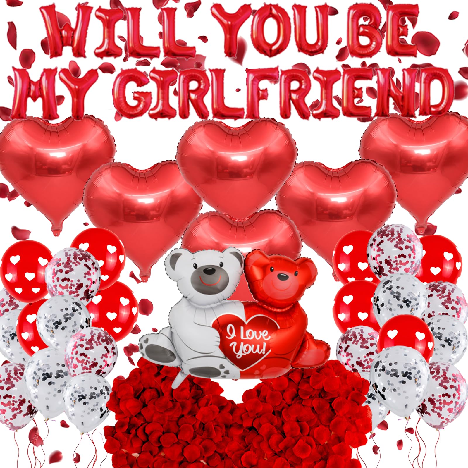 Will You Be My Girlfriend Decorations, Rose Petals, Romantic Red Letter Foil Balloons