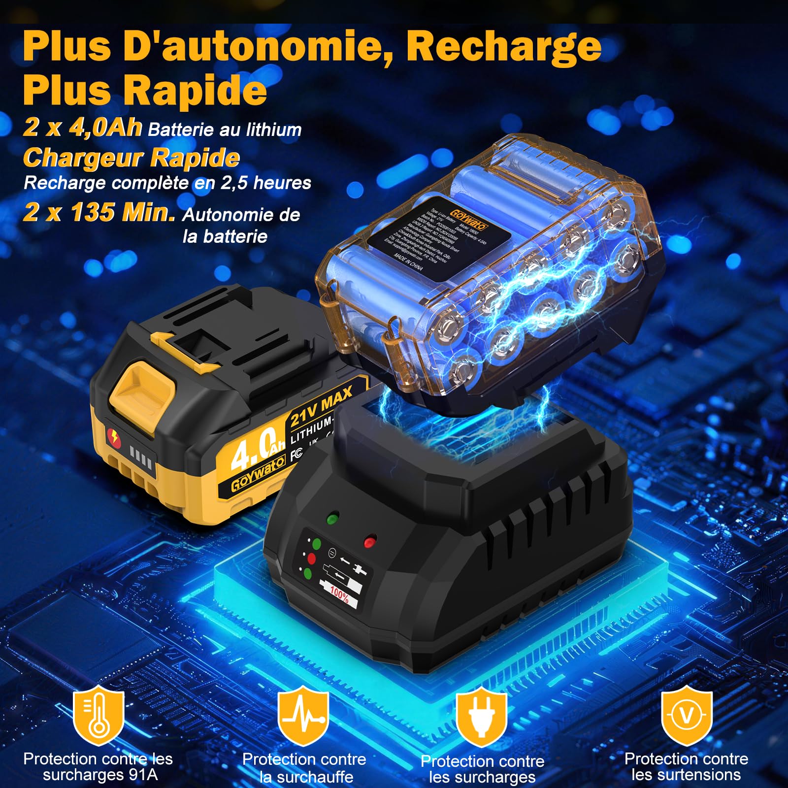 Perceuse Visseuse Sans Fil 21V - 140Nm 2300rpm Max Brushless Visseuse Devisseuse Sans Fil Perceuse à Percussion avec 2 Batteries 4,0Ah, 20+3 Réglages de Couple, Mandrin 13mm, 2 Vitesses pour Bricolage