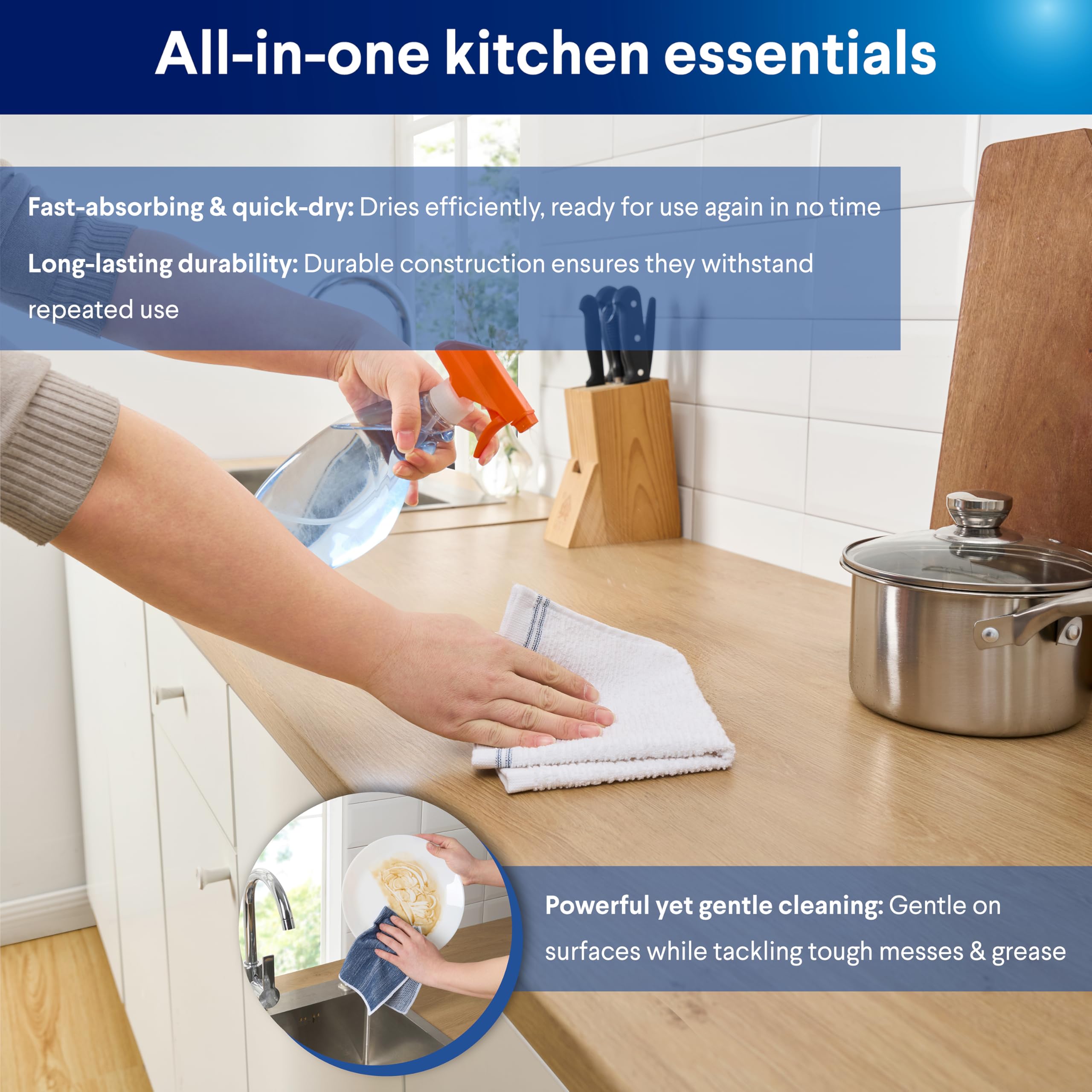 CLOROX Ensemble de cuisine de qualité supérieure – Parfait pour le nettoyage et la manipulation de la vaisselle – 2 torchons de cuisine en coton, 2 mini gants de cuisine, 1 tapis de séchage, 2