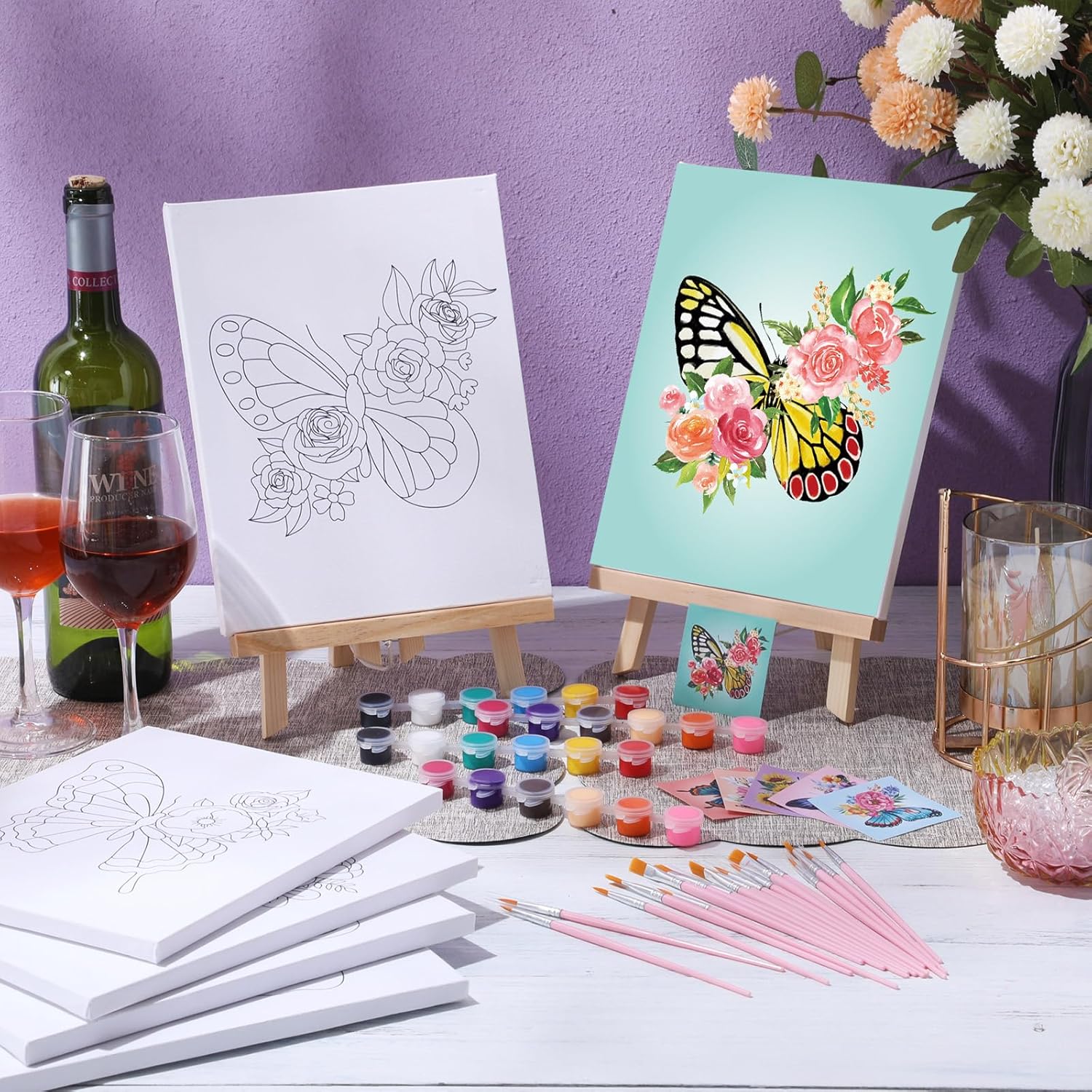 Engrowtic 57 Pcs 6 Set Butterfly Sip and Paint Kit for Adults 8'' x 10'' Pre Drawn Canvas Set for Painting DIY Craft Pre Printed Canvas Painting Favor Wood Easel Brushes Date Night Birthday Gifts Bulk