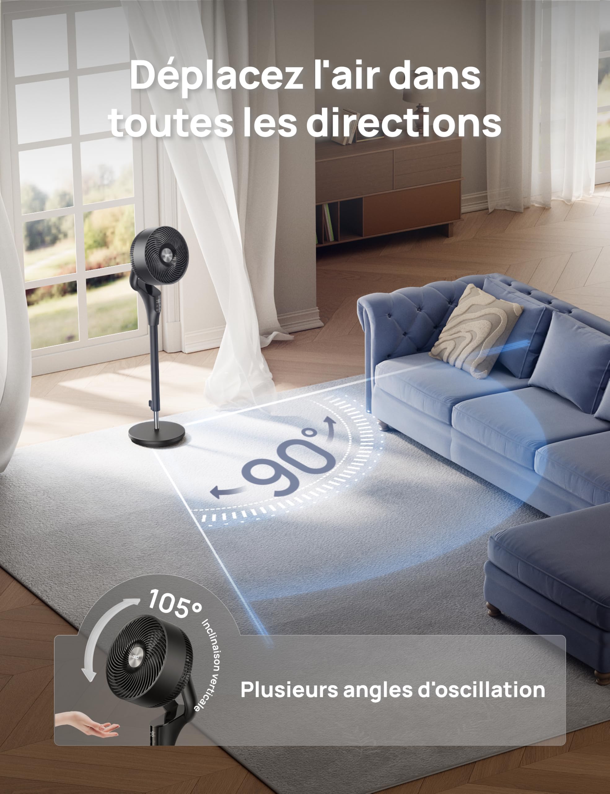 DREO Ventilateur sur Pied Silencieux pour Chambre [Amélioré], Flux d’Air 27m, 20dB, Oscillation 90°, Moteur DC, 8 Vitesses, 3 Modes, Hauteur 96–106 cm, Minuterie 8H, Inclinaison 105°