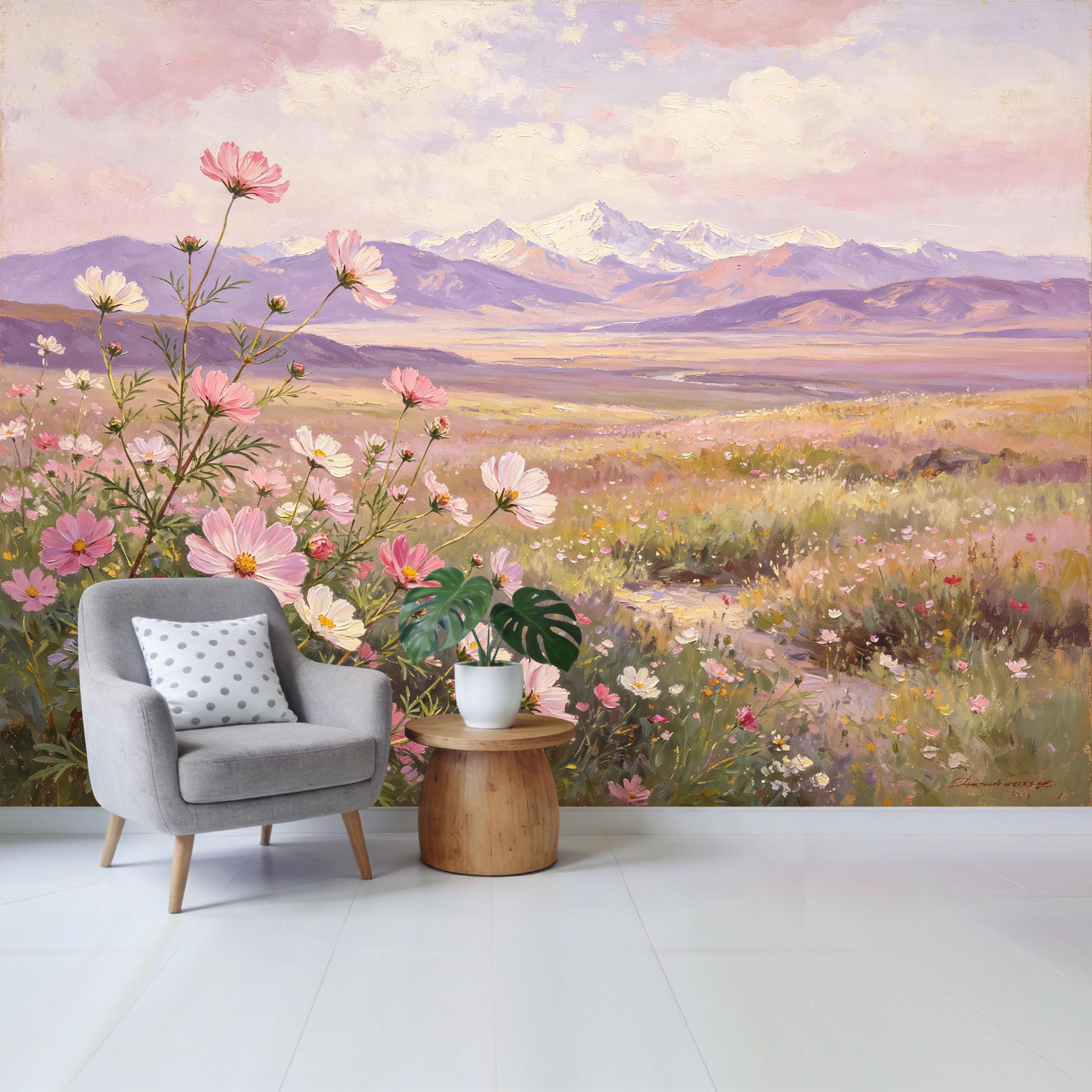 Qzlithotic Yq2605250801 Custom Size Wall Mural Pink Cosmos Flower Meadow Snowy Mountain Landscape Oil Painting Style Selfadhesive Wall Fabric Removable Wallpaper For Home Office Decor