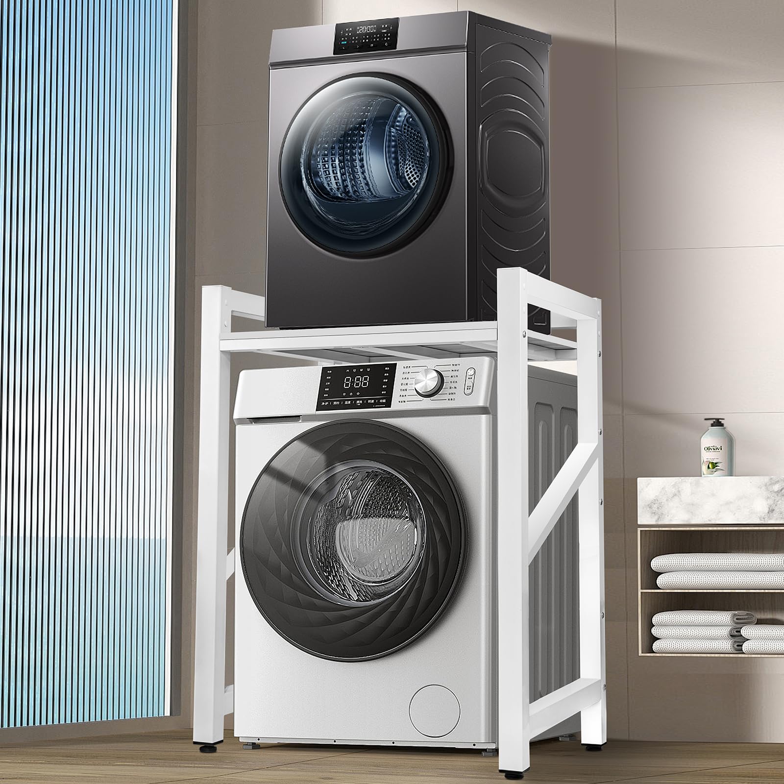 JXZ Meuble Machine à Laver, Superposition Lave Linge Seche Linge, 3 Hauteurs Réglables, Capacité Charge 300kg pour Buanderie Salon Salle De Bain Cuisine Balcon(Blanc, Tableau Blanc)
