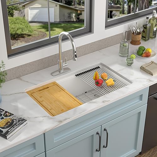 Miniatura 2 de Fregadero de cocina compuesto de granito 33 pulgadas - Fregadero de cocina de granito de 33 x 19 pulgadas, estación de trabajo de cuarzo blanco