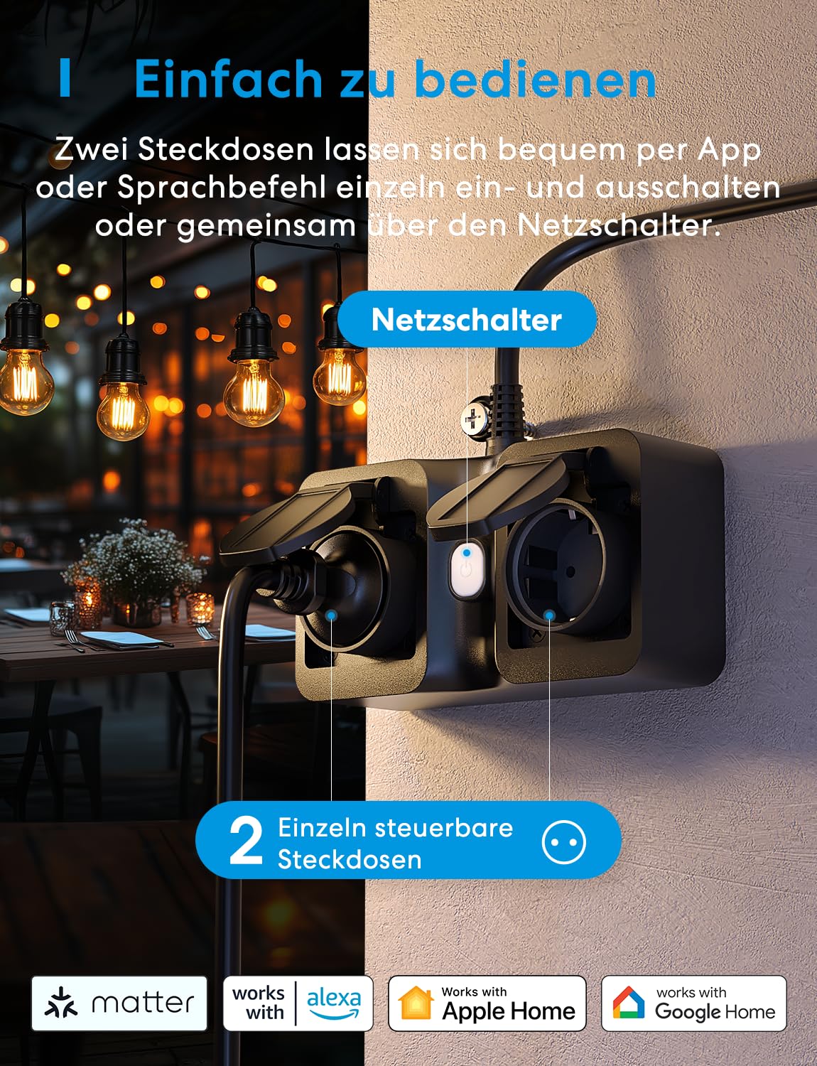 Meross Matter WLAN Steckdose Outdoor mit Strommessung, Smart Steckdose Stromzähler für Balkonkraftwerk Außensteckdose Wasserdicht IP44, funktioniert mit HomeKit, Alexa und Google, 16A 1,5m