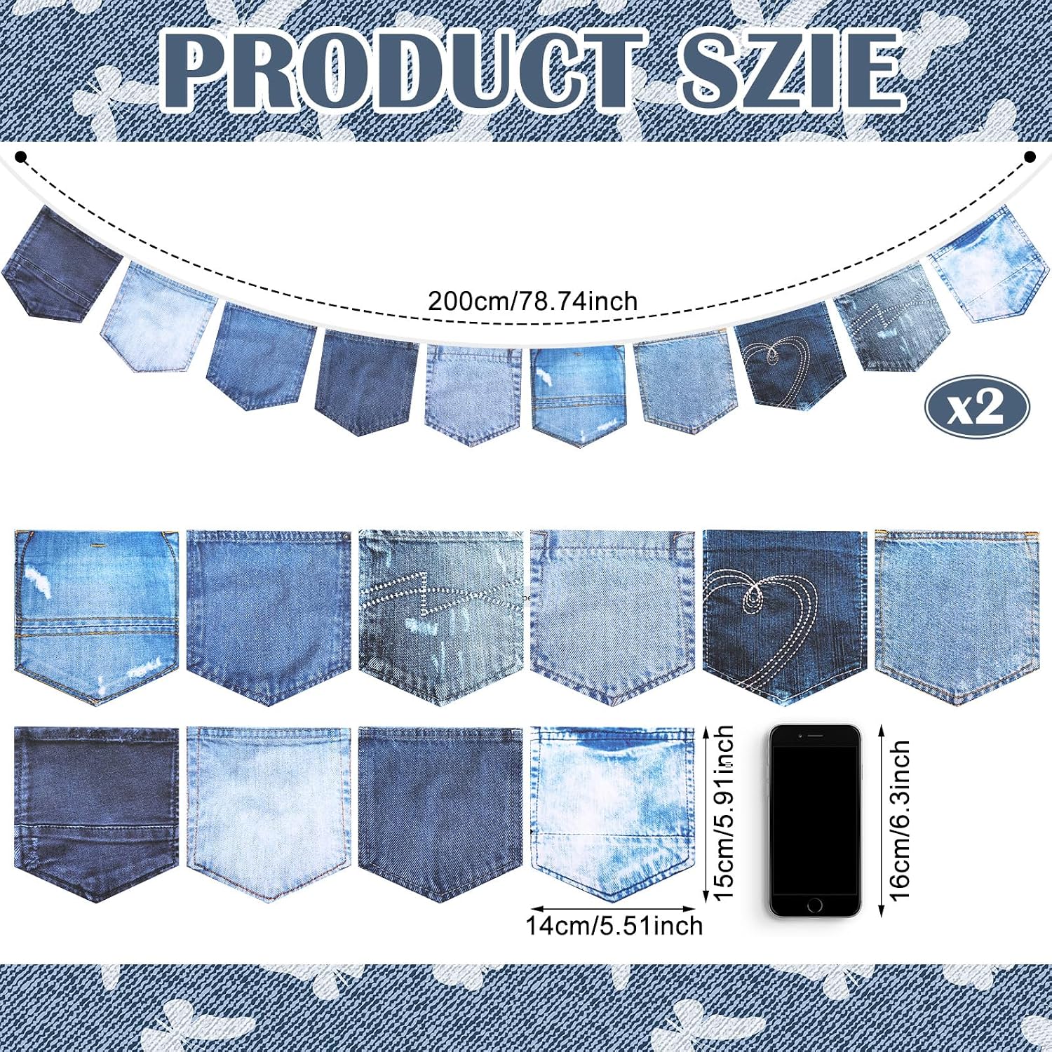 2 Set Blue Jean Baby Shower Decorations 20 Pcs Blue Jean Denim Pocket Banner Garland for Western Gender Reveal Party Decoration Rustic Country Theme Welcome Backdrop Supplies