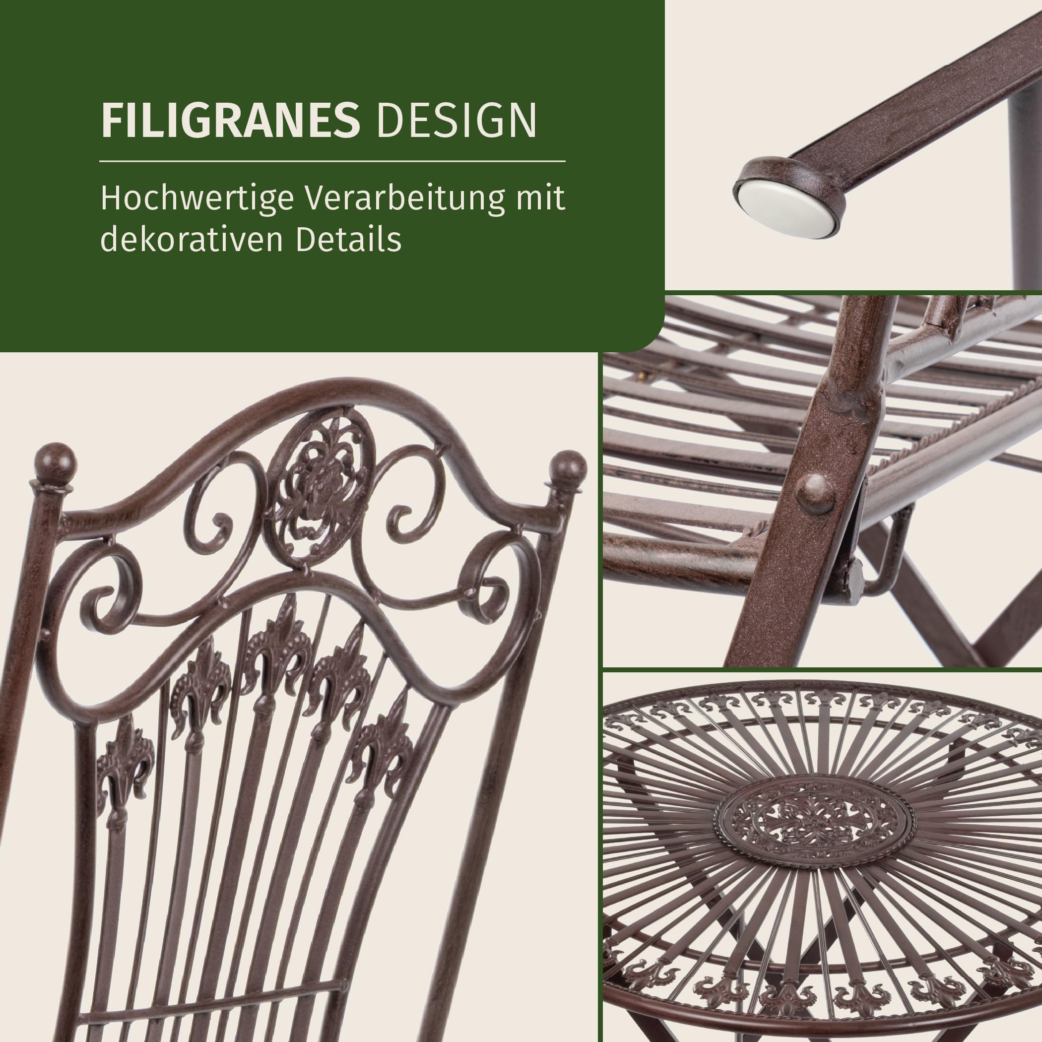 Moritz Bistroset 3-teilig klappbar Antik Braun - Metall Gartenmöbel Set - Klapptisch Ø 69,5 cm mit 2 Klappstühlen - Vintage Bistrogarnitur - Balkon Terrasse Garten Sitzgruppe nostalgisch