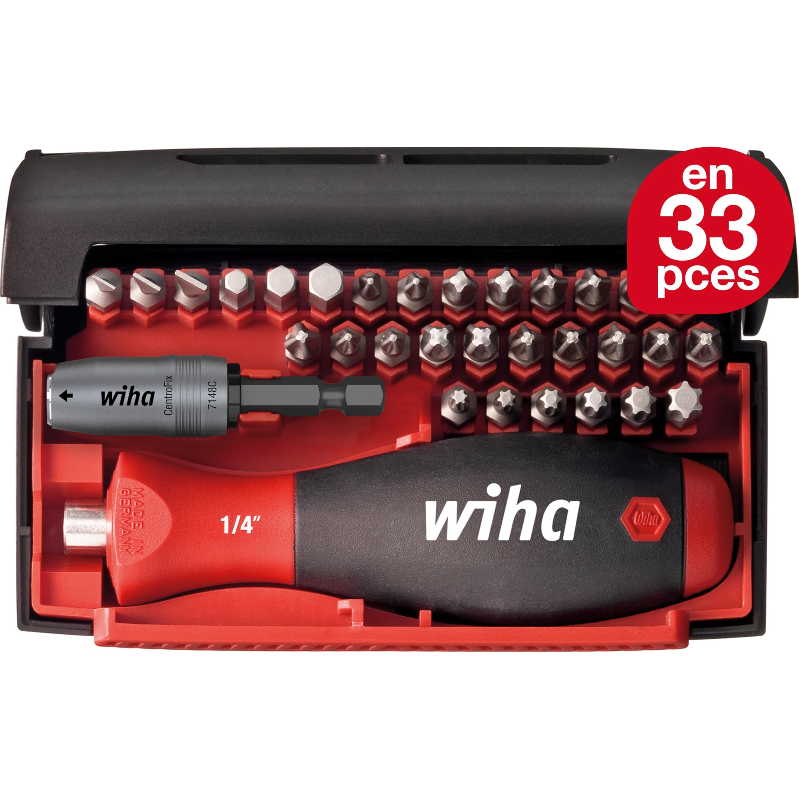 Wiha Jeu d’embouts Collector 32 pièces avec boîte I Porte-embout magnétique I Tournevis multi-embouts I Standard 25 mm mélangé 1/4" C6,3 (34686)