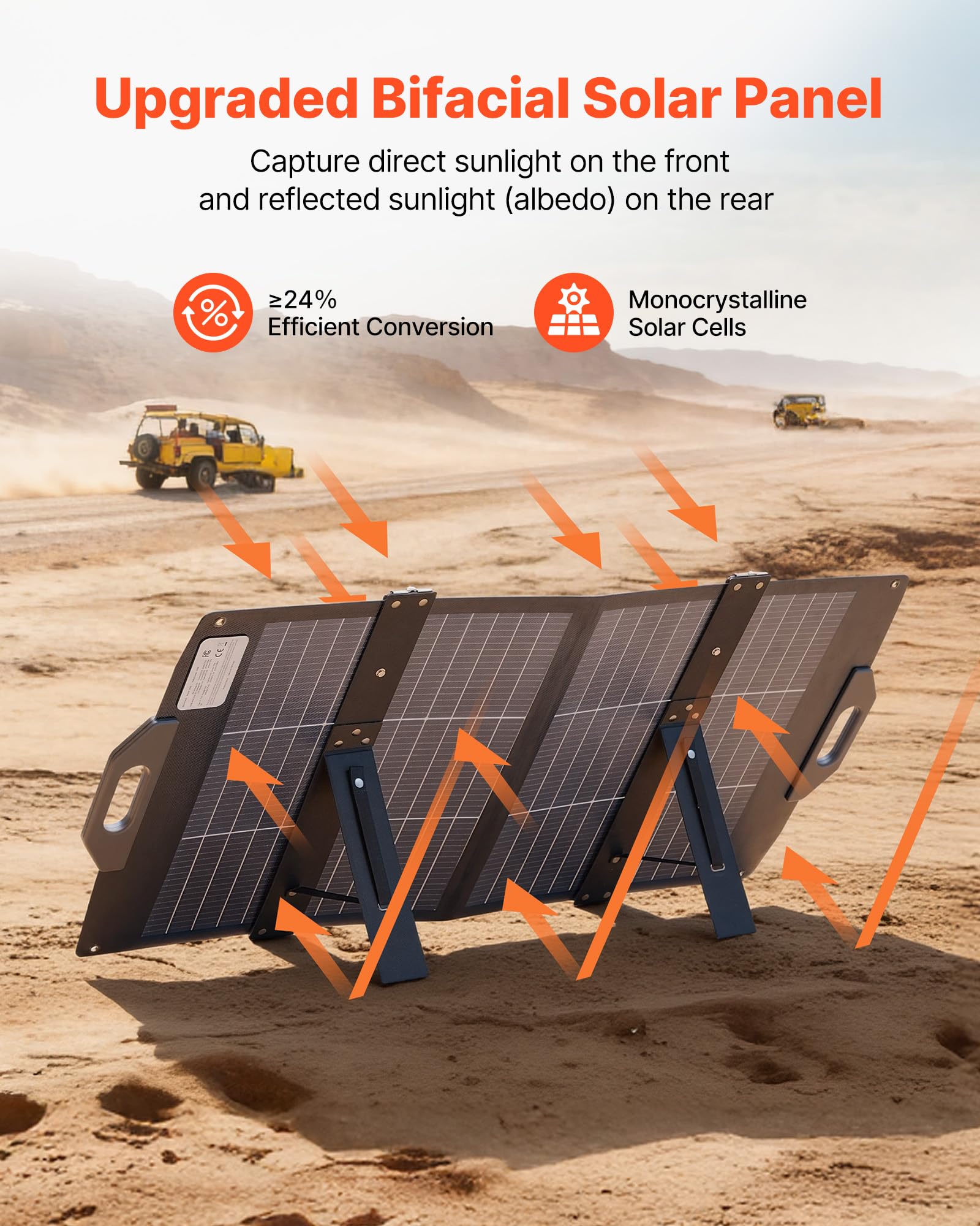 VEVOR Składany panel słoneczny 100 W, 16BB typ N, dwufazowy, monokrystaliczny moduł solarny z ładowarką, sprawność 24%, z wyjściem MC4, USB-A (QC3.0), złącza typu C i DC do stacji zasilania