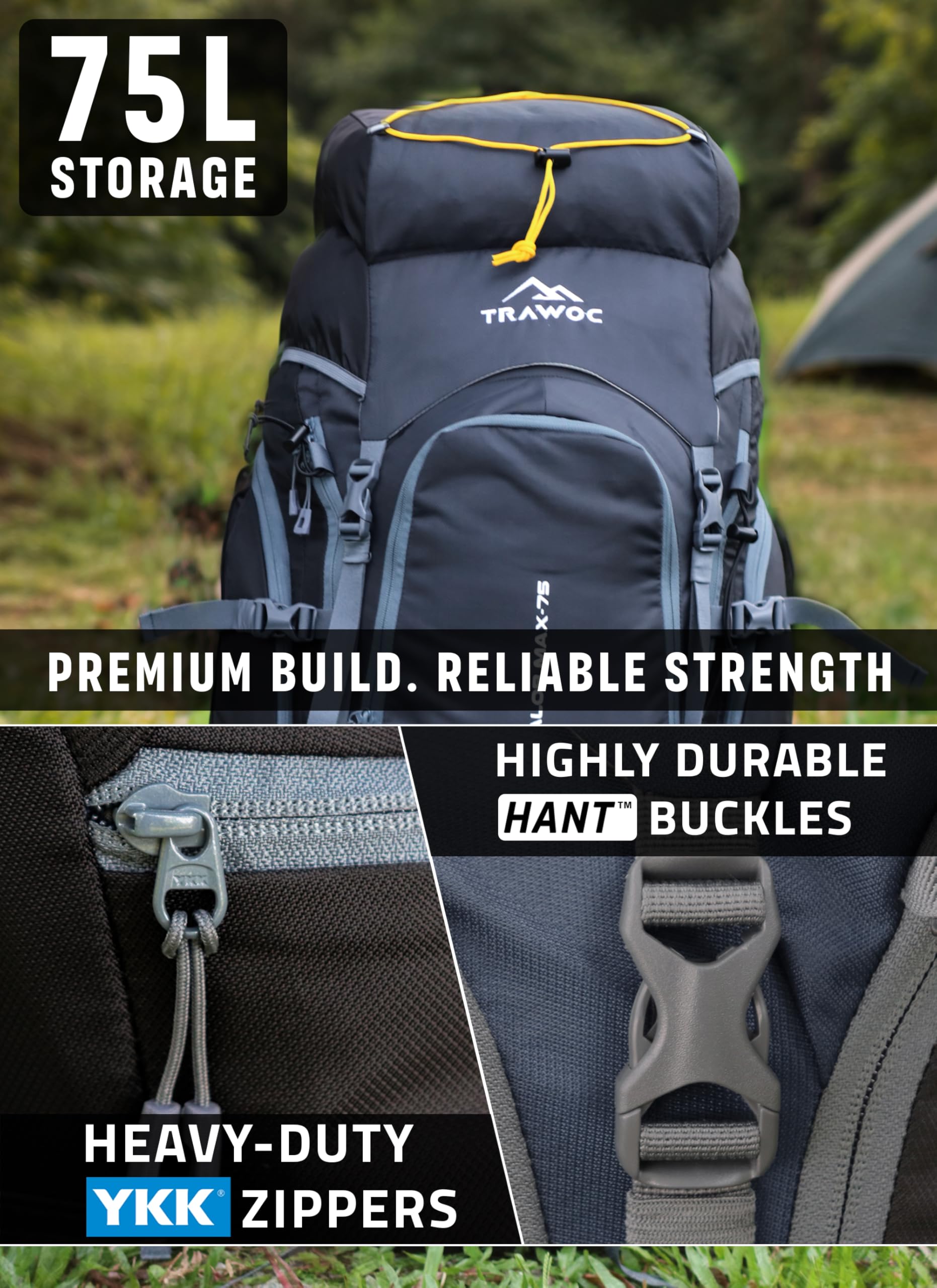 TRAWOC VALOR MAX 75 Ltr Travel Backpack Camping Hiking Trekking Bag Rucksack for Men & Women with Rain Cover/Shoe Compartment, Grey, 3 Year Warranty