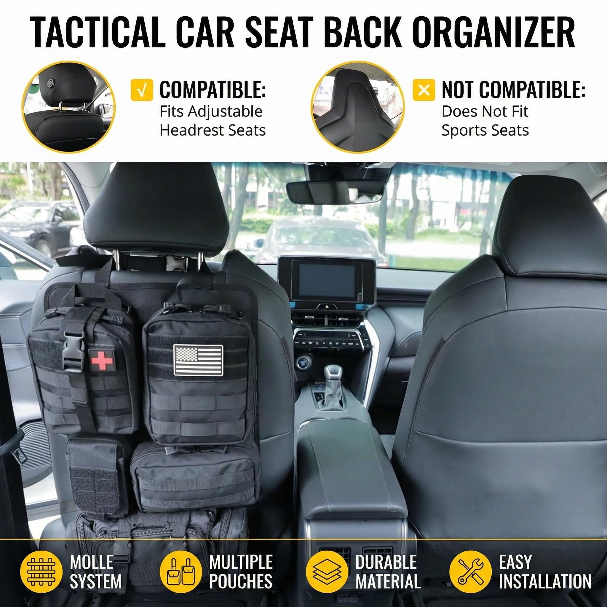 SOONHUA Organizador de asiento de coche táctico con 5 bolsillos Molle desmontables, protector de respaldo para camping, organizador de coche, asiento trasero impermeable