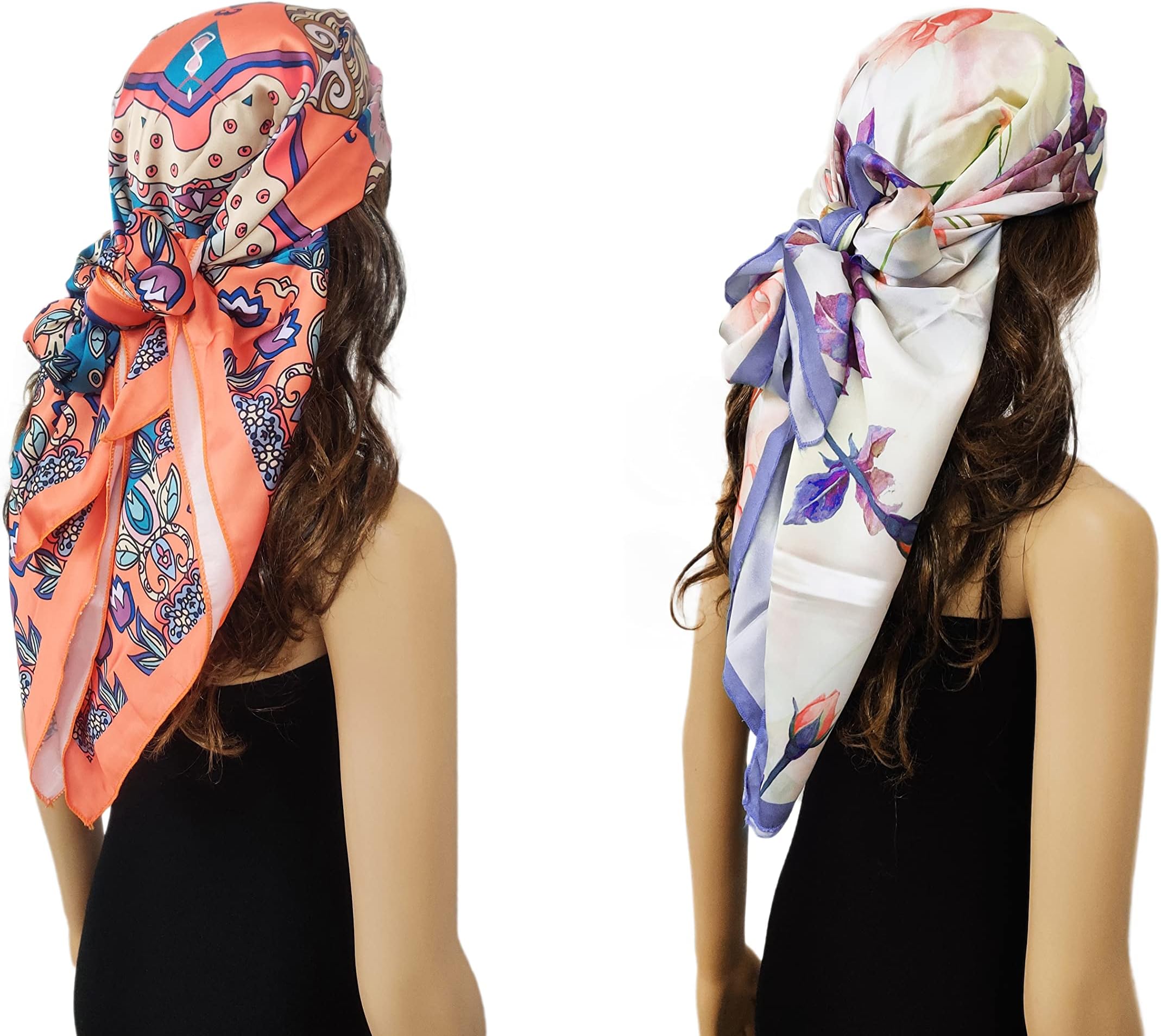 ONE ECHELONSatin Silk Scarf for Women Lightweight Fashion Scarves, Wrap in Print Floral Pattern, Pack of 2 (White & Purple and Boho Orange)