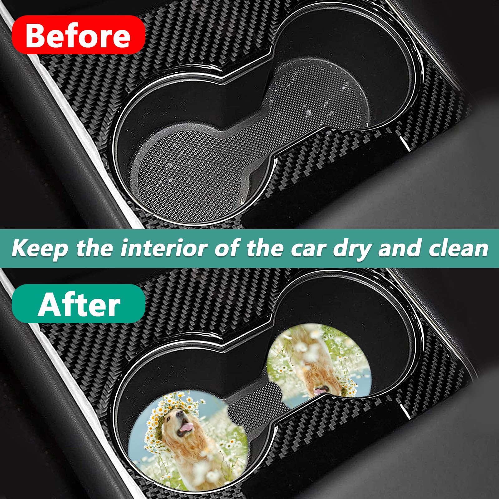 2 Pack Car Cup Holder Coasters - Dog Flower Absorbent Ceramic Coaster Car Coasters for Cup Holders Car — view 4