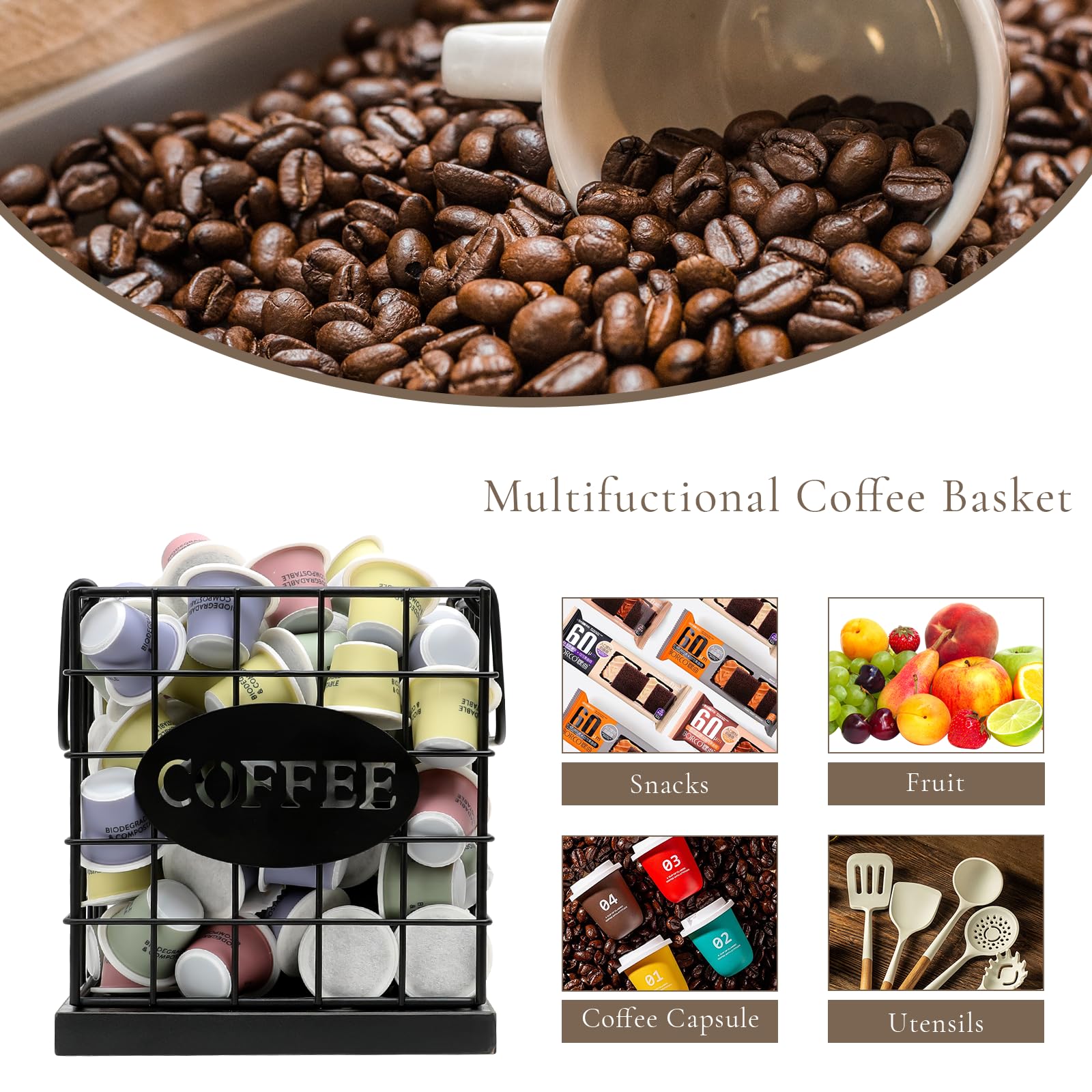 Organizador de cápsulas de café, organizador de gran capacidad, cesta de almacenamiento para encimera de cocina, oficina, cafetería, bar con base de madera (cuadrado negro rústico)