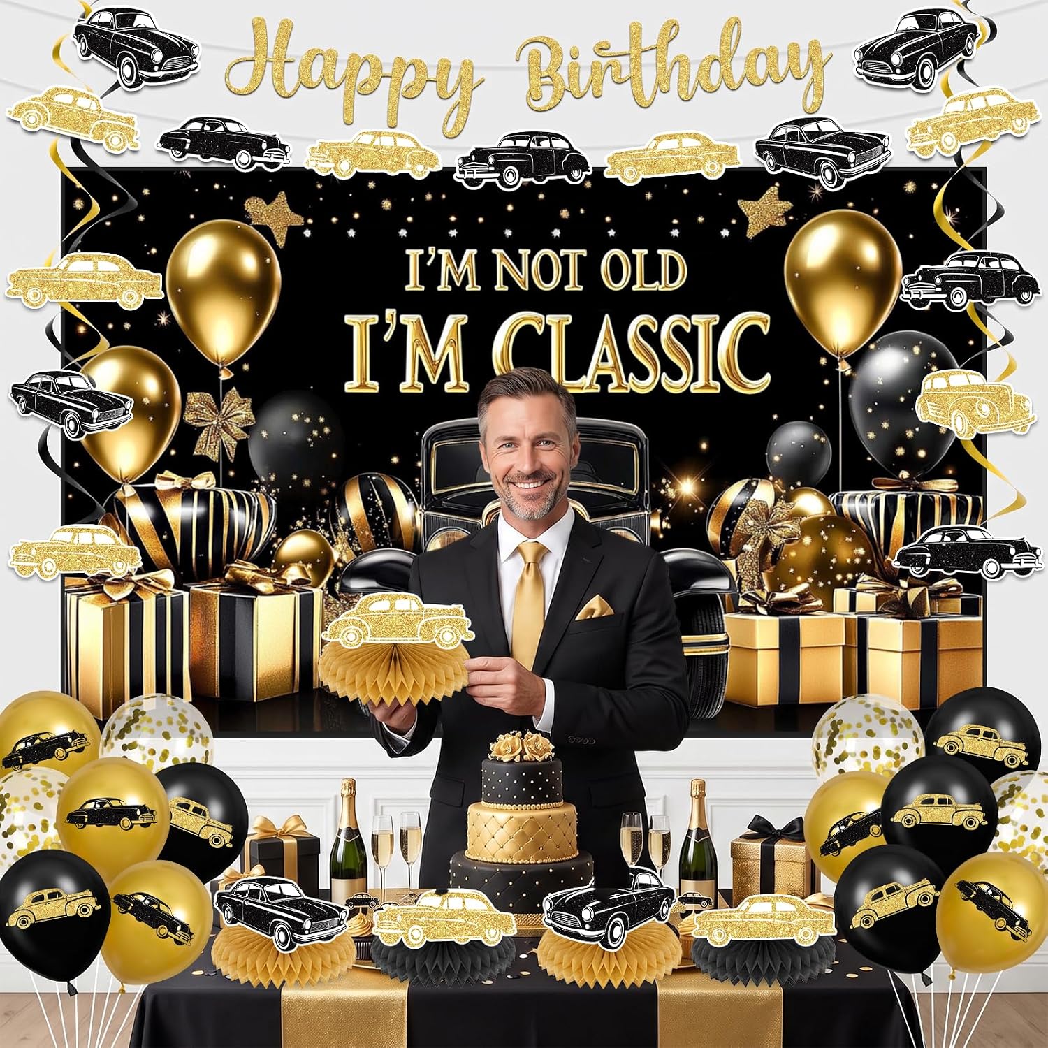 Classic Car Birthday Party Decorations for Men I'm Not Old I'm Classic Banner Backdrop, Vintage Car Theme 30th 40th 50th 60th Birthday Supplies, Retro Balloon Honeycomb Set image 5