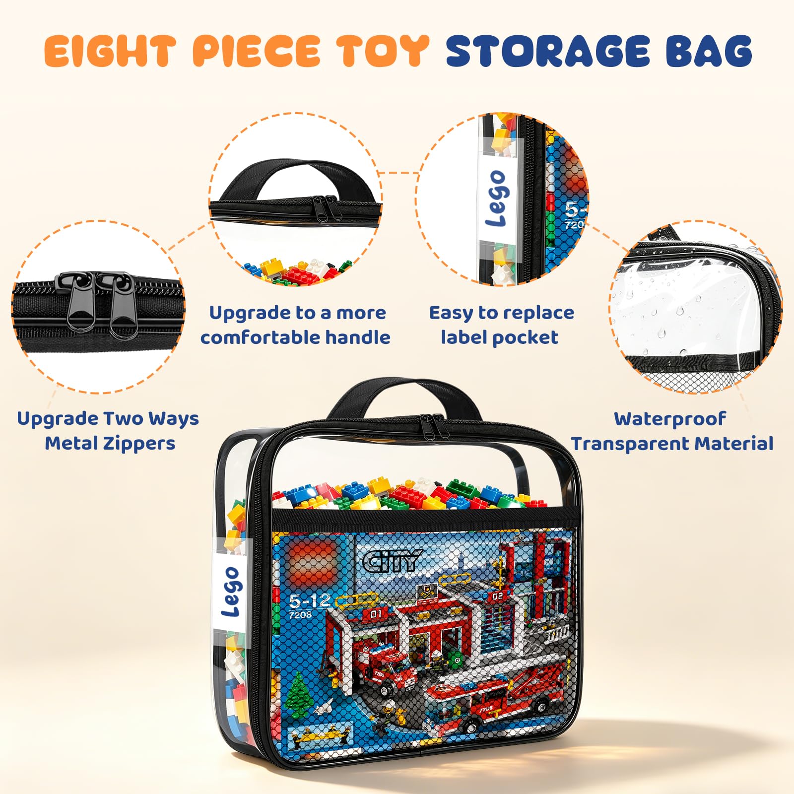 Confezione da 8 organizer per giocattoli, in PVC trasparente, con cerniera, impermeabili, riutilizzabili, per puzzle, blocchi da costruzione, giochi da tavolo, cancelleria, libri per bambini (grande