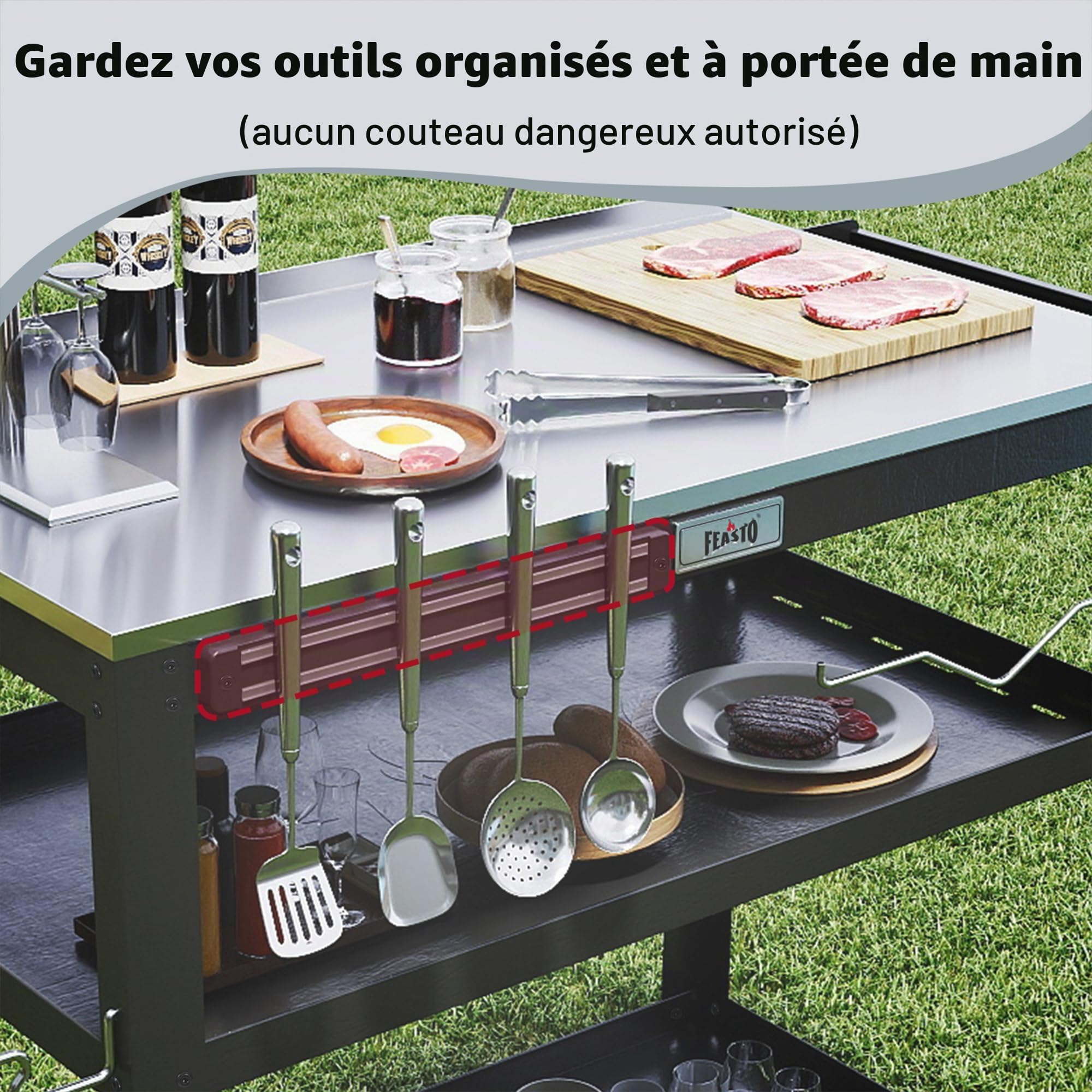 Feasto Chariot de Barbecue d'extérieur de 80 x 45,7 cm avec Plateau en Acier Inoxydable, Table de Gril Mobile avec Support d'assaisonnement et Support magnétique pour Outils, Table de préparation des