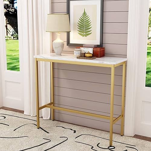 Miniatura 10 de Aklaus Mesa de bar de 40 pulgadas, mesa rectangular de altura de barra industrial con marco de metal dorado resistente, parte superior de mármol