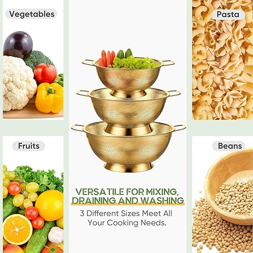 Miniatura 4 de Bokon Juego de 3 coladores de acero inoxidable, colador, cuenco, colador, tamices de malla metálica de 1/3/5 cuartos de galón, cesta de red con