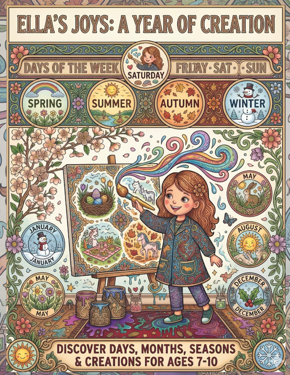 Ella’s Joyful Calendar: Learning Days, Months, and Seasons: An Interactive Educational Coloring Book for Kids to Discover the Magic of Time through Art and Creativity.