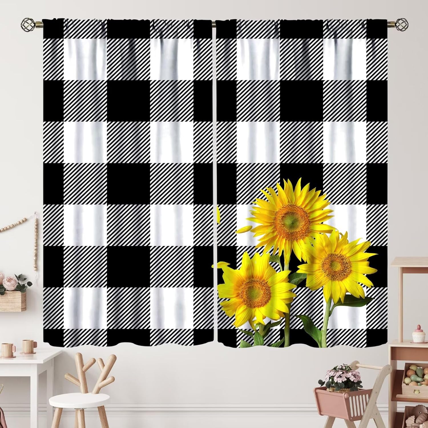 Sunflower Curtains Sunflower on Farm Buffalo Check Plaid Black and White Curtain with Rod Pocket for Living Room Bedroom Home Decor Drapes Window Treatments 2 Panels Set 42x54 Inch