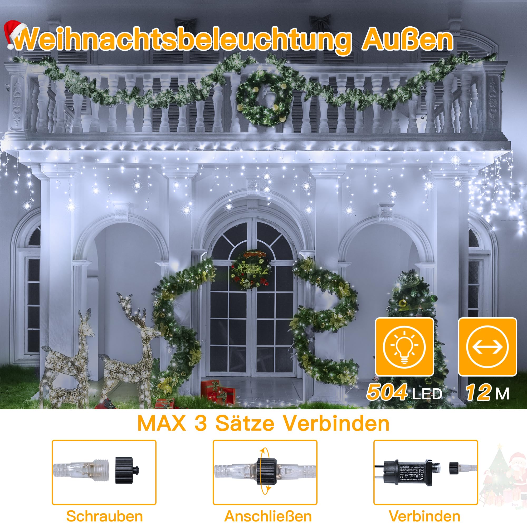 Ollny Eisregen Lichterkette außen 12m 504LEDs 84 Saiten Weihnachtsbeleuchtung außen Kaltweiß IP44 wasserdicht 8 Modi mit Fernbedienung Timer EU Stecker für Pavillon Balkon (Packung mit 2)