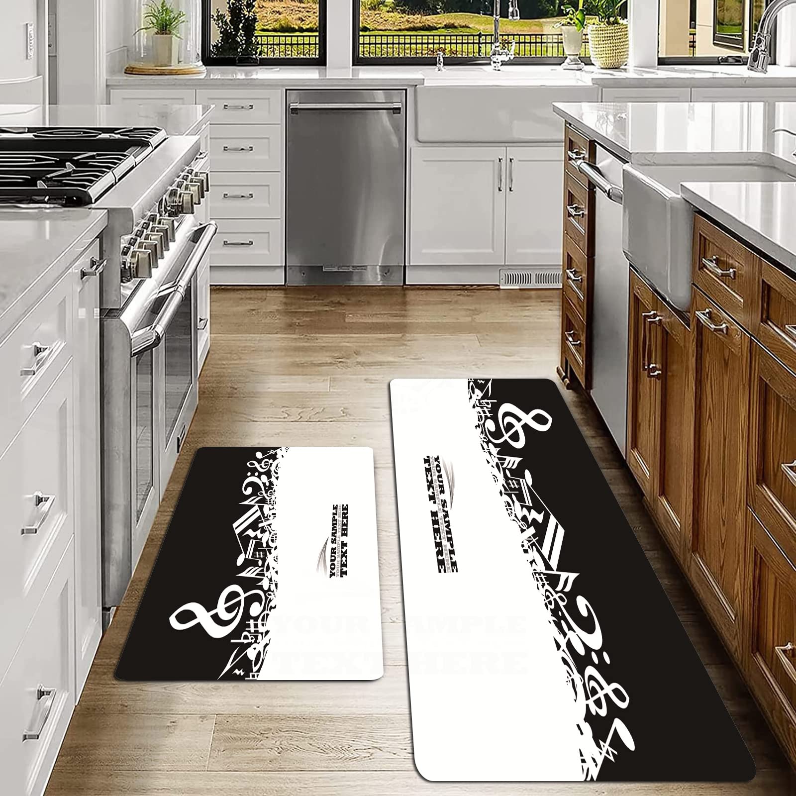 Küchenteppich Set 2-tlg Waschbar - Musiknoten Design 40x60cm + 40x120cm Anthrazit