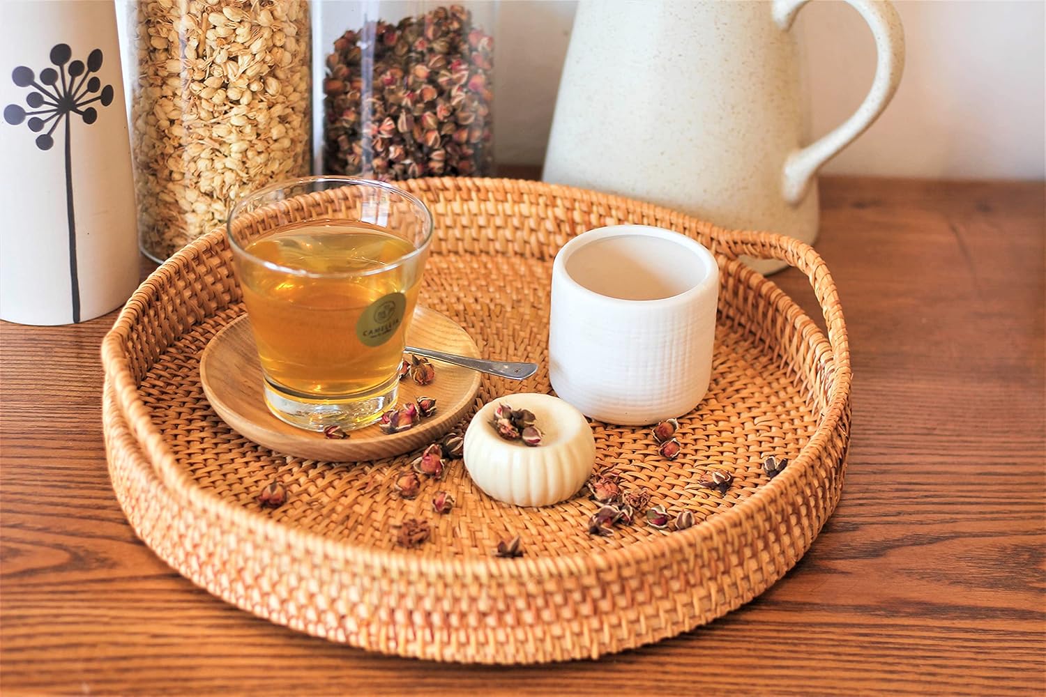 ANKUR Handmade Round Rattan- Serving Tray-Decorative Woven Ottoman-Trays with Handles for Coffee Table Natural Basket Wave Tray (L- 13.7 Inch & M-11.8 Inch)