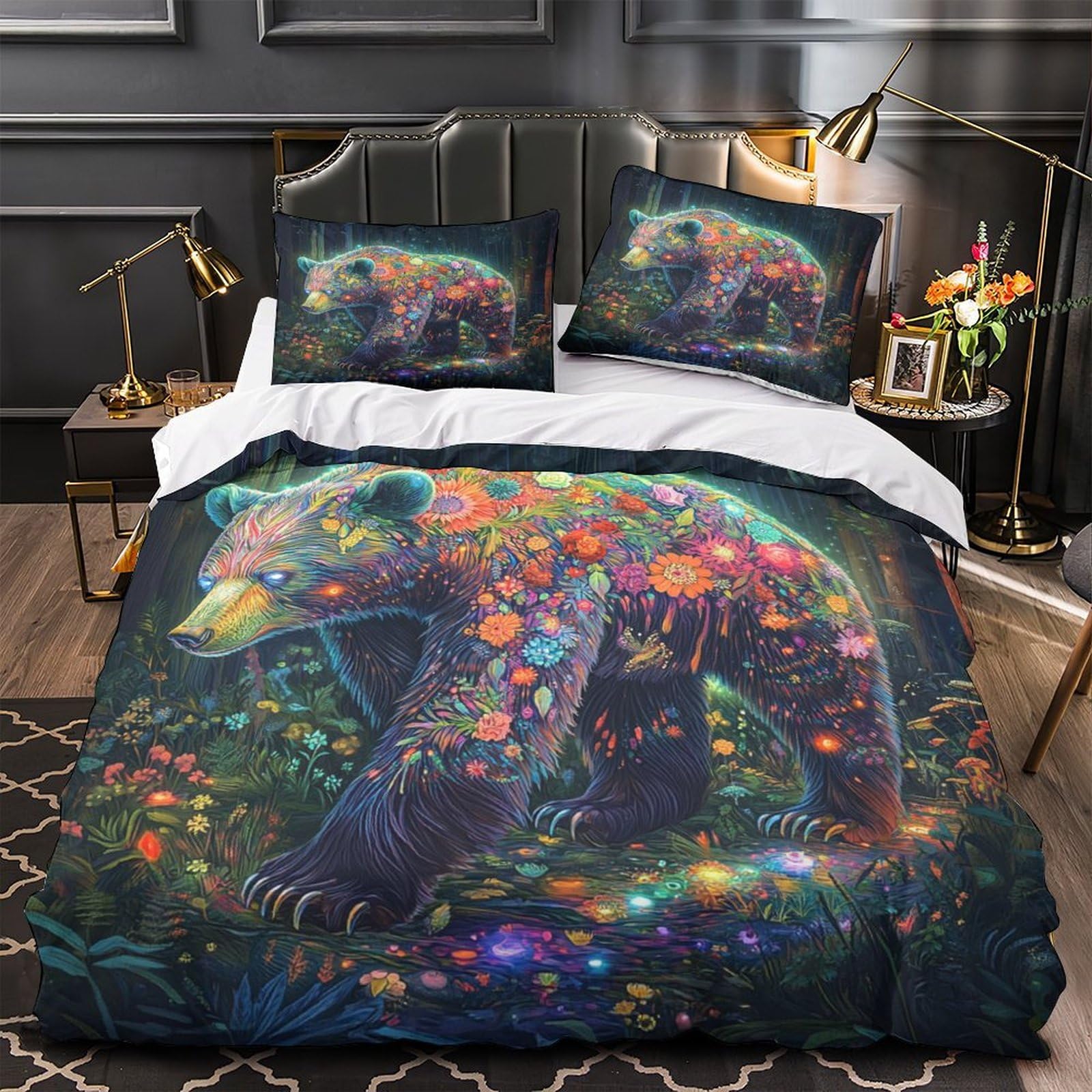 Housse de couette ours magique 3D 260x220 cm avec ses 2 taies d'oreiller en microfibre lavable