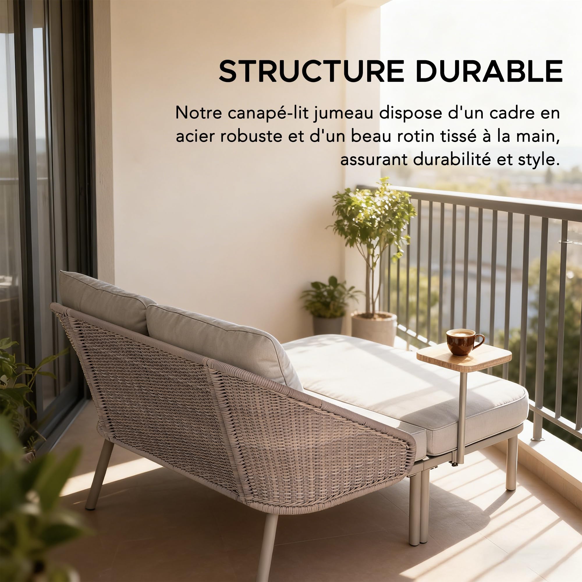 Sunjoy Lit Baningue Double d'Extérieur, avec Plateaux Latéraux et Coussins, Dossier en Rotin, Structure Métallique, Ensemble Canapé pour Bord de Piscine, Jardin - Gris