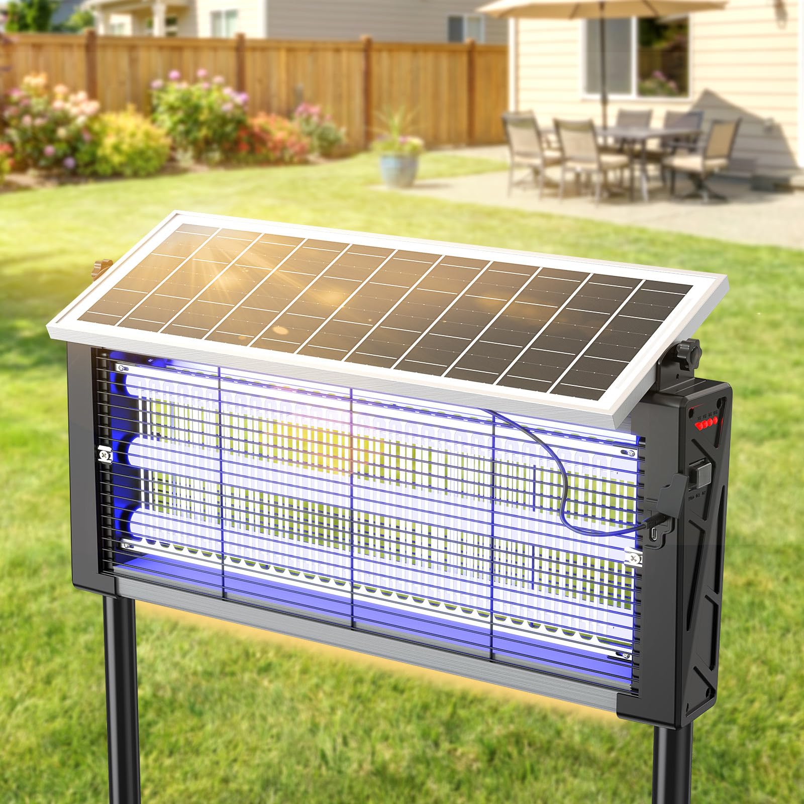 OGERY Solar-Insektenvernichter für Außen, 3000 V Mückenfalle, 3 UV-Röhren, 6000 mAh Akku, per USB wiederaufladbar, IPX4, Dämmerungssensor, 4 m Kabel und Erdspieß für Garten, Terrasse, Camping