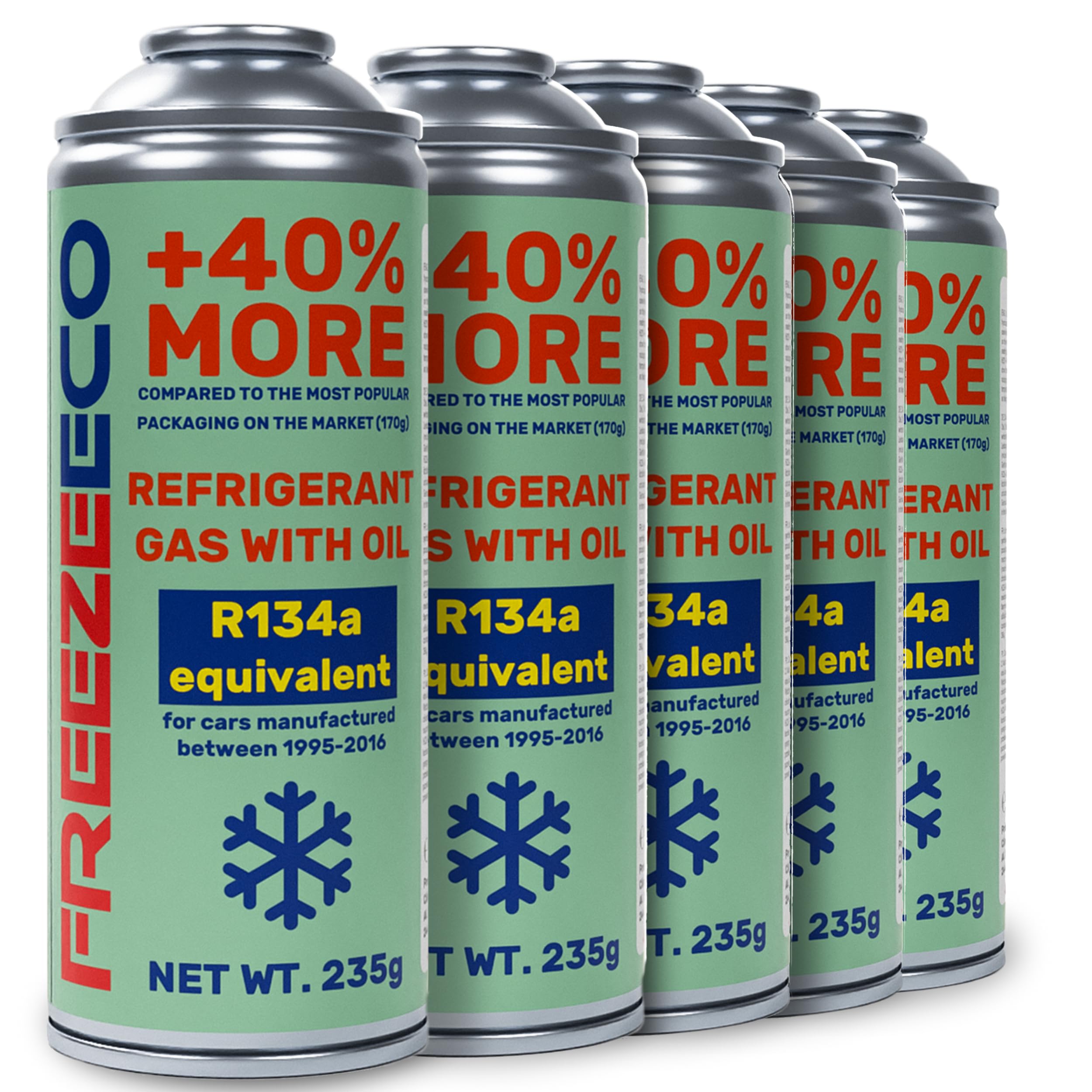 FREEZECO 2in1-5 Dosen R134a Ersatzkältemittel mit Klimaanlagenfüllöl für PKW 1995-2016, 235g