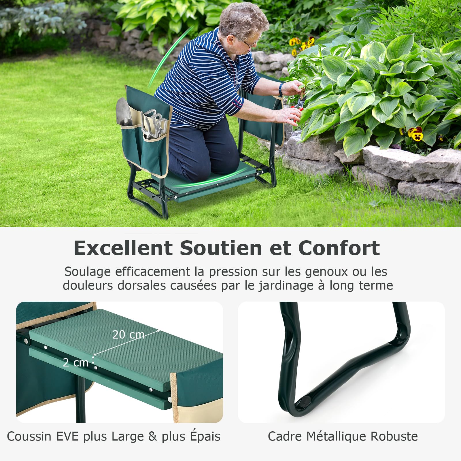 RELAX4LIFE Agenouilloir de Jardin, Tabouret de Jardinage Pliable avec 2 Sacs à Outils, Coussinet Epais en Eve Charge 150kg, Banc de Jardinage Polyvalent, 58x27,5x50cm(Tabouret Plus+| 2 Sac, Vert)