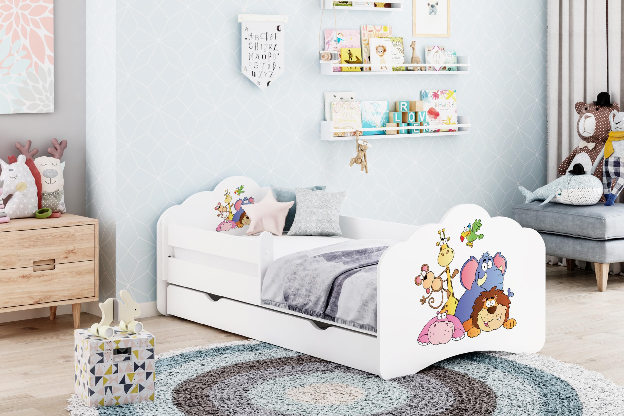Happy Babies MOBI – Cuna de 160 x 80 cm, con protección anticaída y cajón, cama juvenil con pegatinas de colores, cuna con colchón de 80 x 160 cm, cama infantil para niñas y niños WIESS (M13)