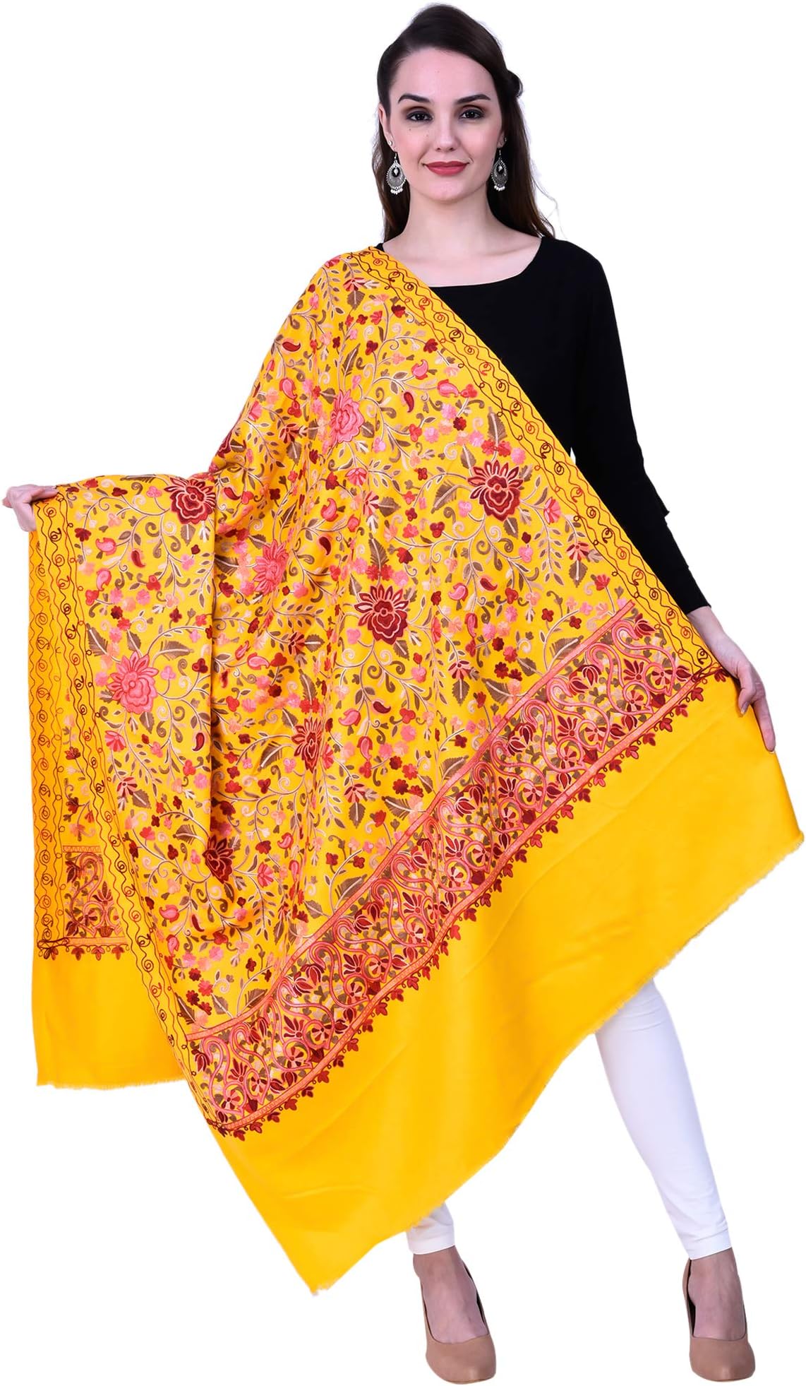 Women's Kashmiri Wool Blended Shawl Embroidered by Kashmiri Artisans, (Large Size - 40 x 80 Inches)
