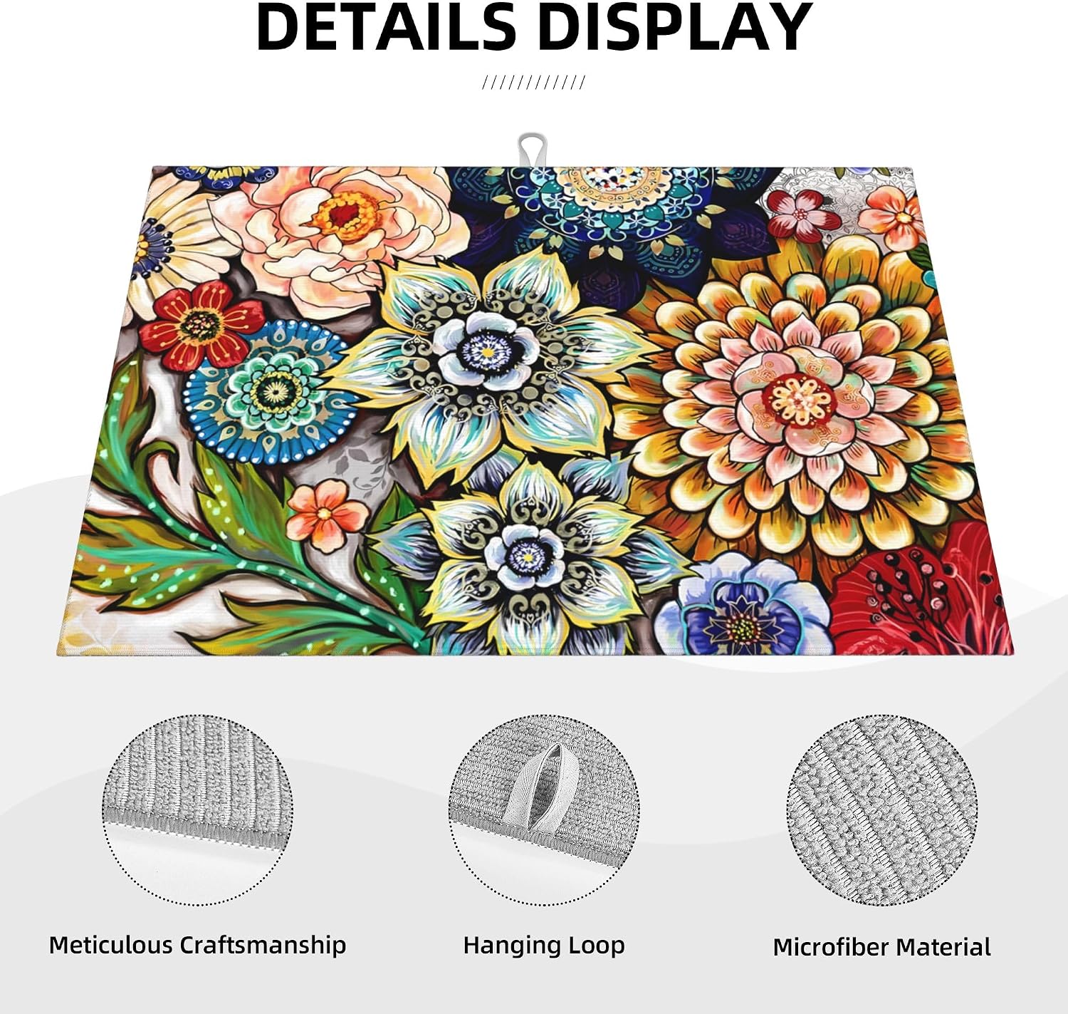 Boho Floral Dish Drying Mat for Kitchen Counter, 18 x 24 Inch Microfiber Dish Mats for Drying Dishes, Absorbent Large Dish Drying Pad Mandala Rack Mat Kitchen Decor