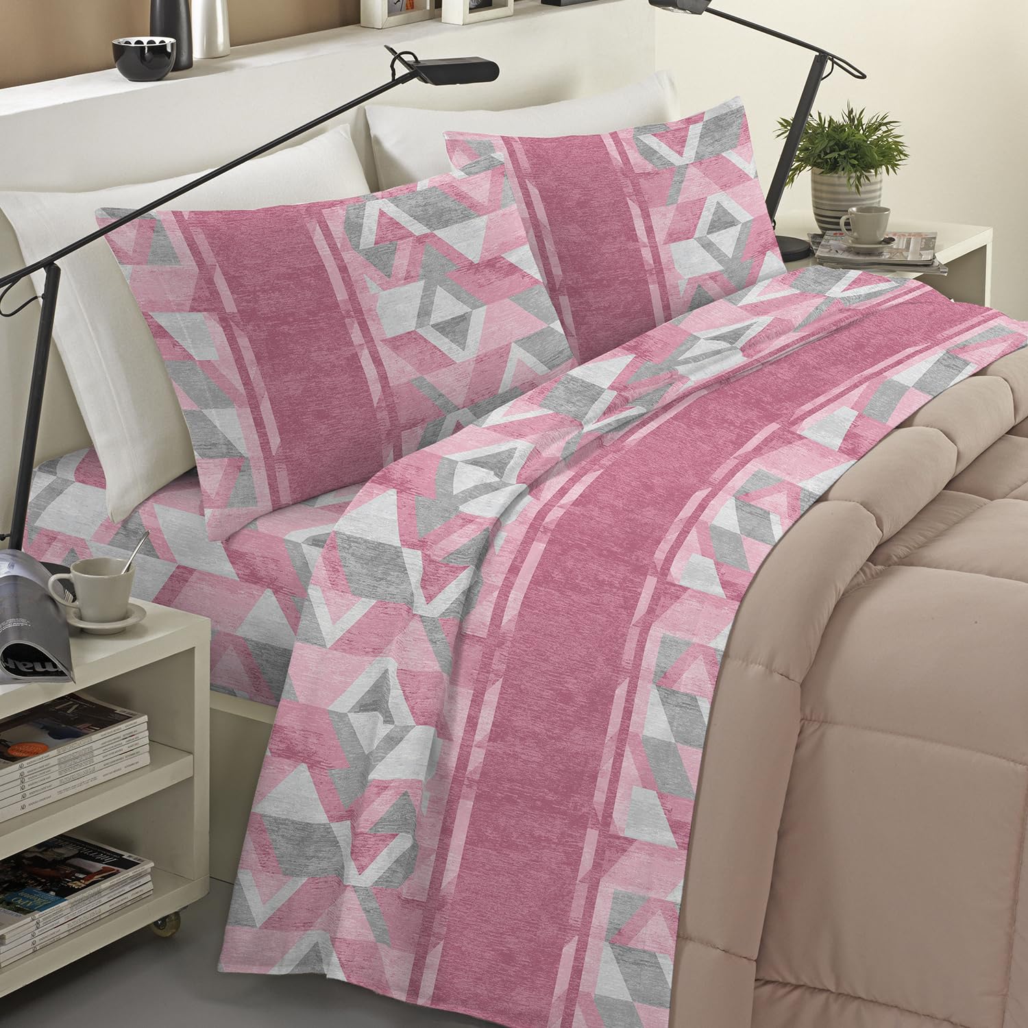 Banzaii Completo Lenzuola Invernale Felpate in Flanella Anti-Pilling 100% Cotone Maxi (per Materasso 180 cm, Altezza Fino a 35 cm) Dalila Rosa