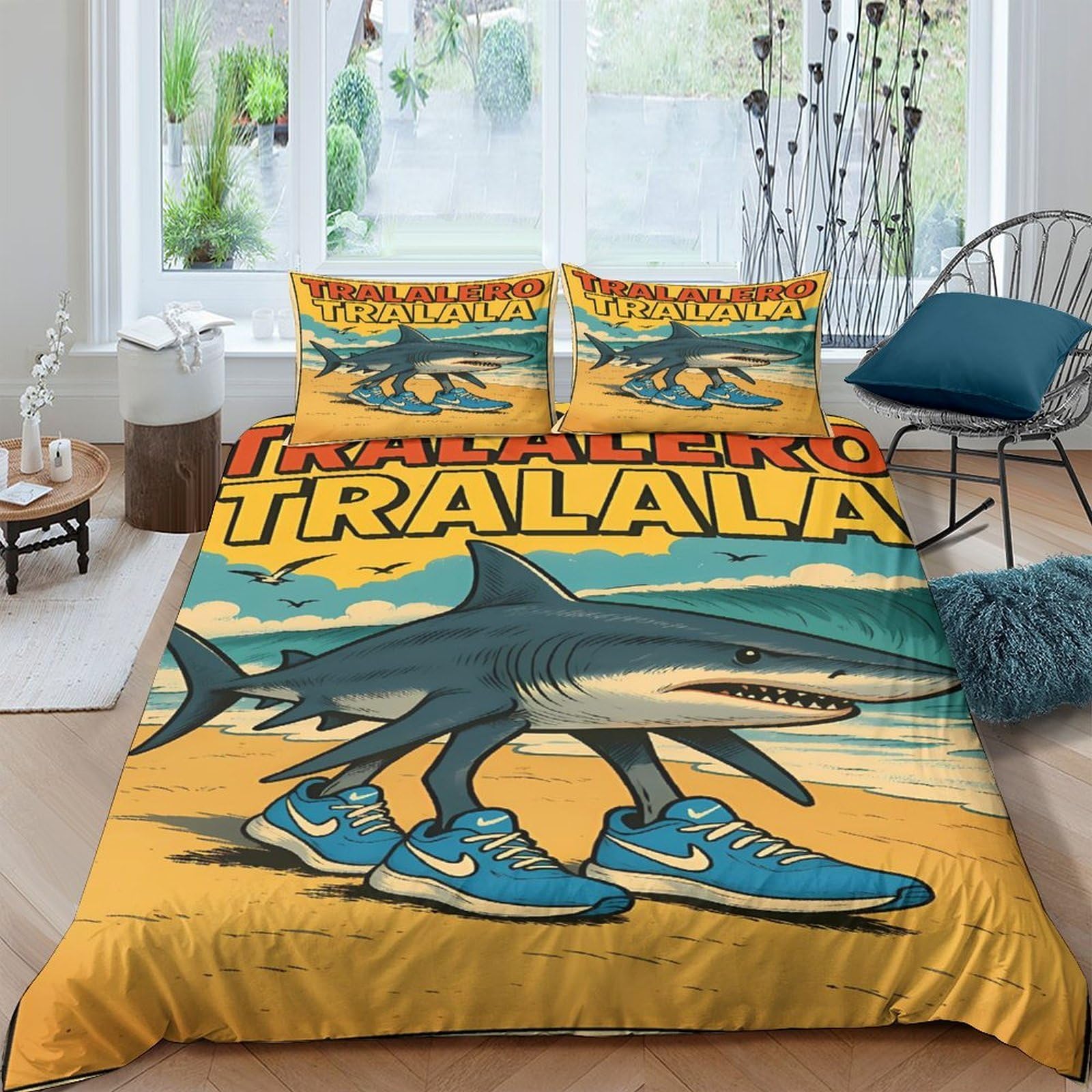Ctjqhvkz Style-8 3D Printed Cartoon Shark Fitted Sheet Microfiber Anti-Slip Fun Sneaker Ocean Mattress Cover For Bedroom Dorm Decor Single（135X200cm）
