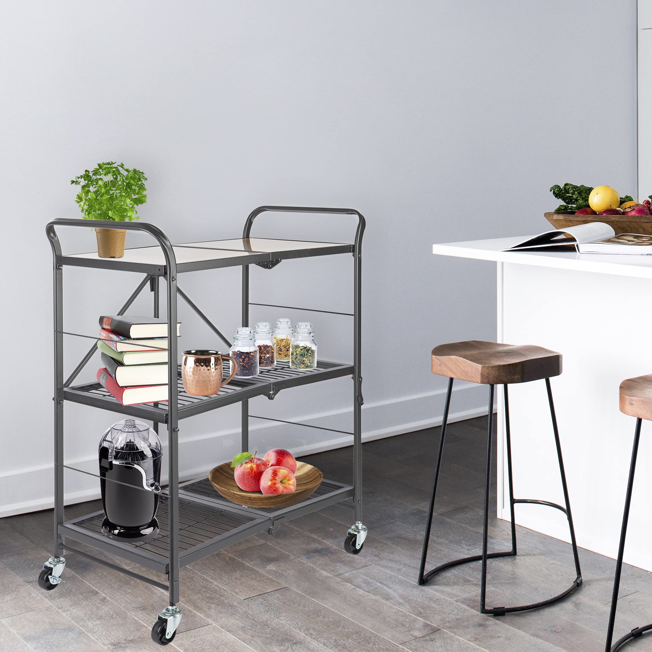 ONVAYA® Küchenwagen James klappbar | Servierwagen klappbar | Etagenwagen | Beistellwagen | Grau | Küchenregal | Multifunktionale Regal| Haushaltsregal | Stand Regal