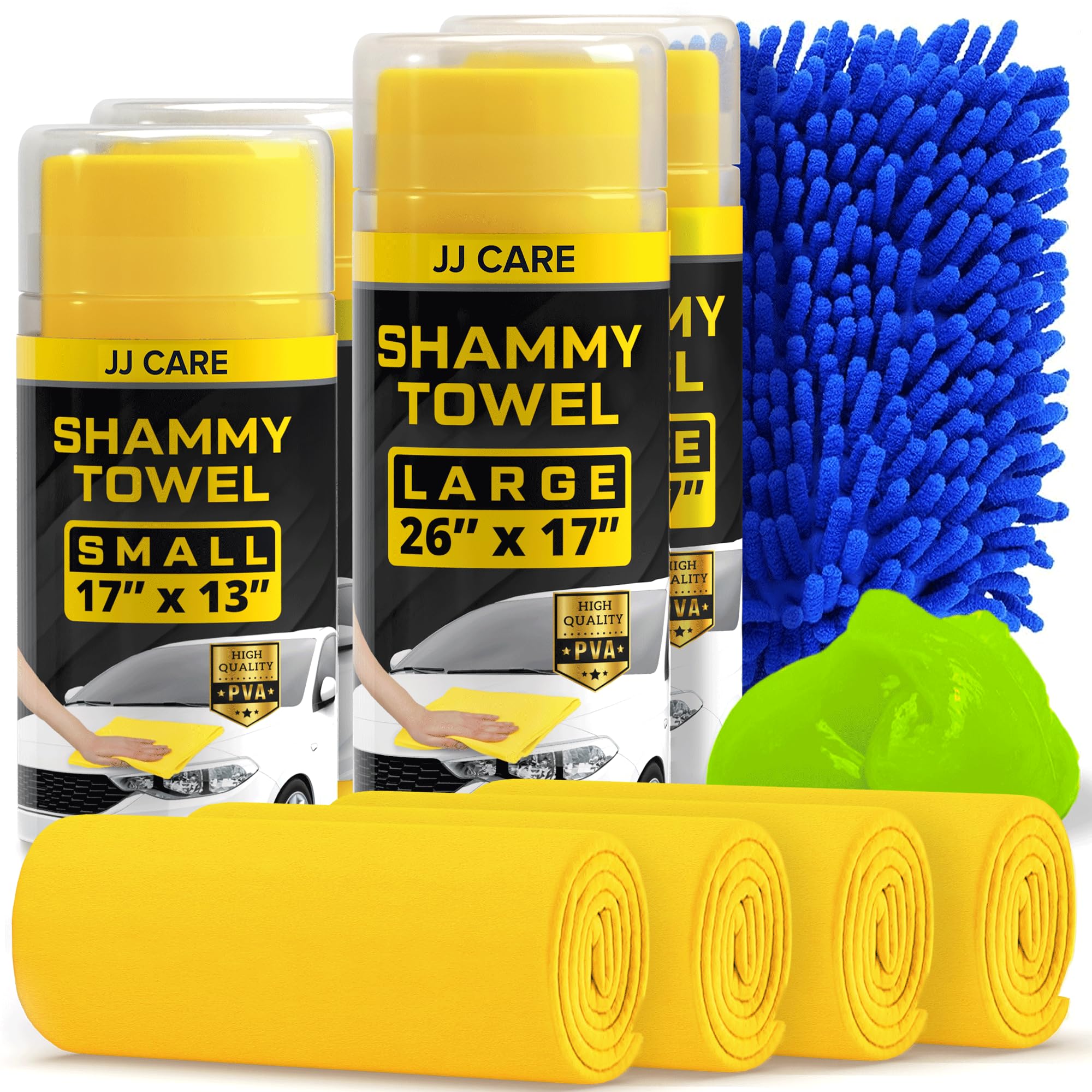 Chamois Cloth (2 PCS Large + 2 PCS Small), Super Absorbent Chamois Cloth for Car with Microfiber Cloth and Gel Cleaner, Reusable Chamois Car Drying Towel, Scratch-Free Chamois Towel