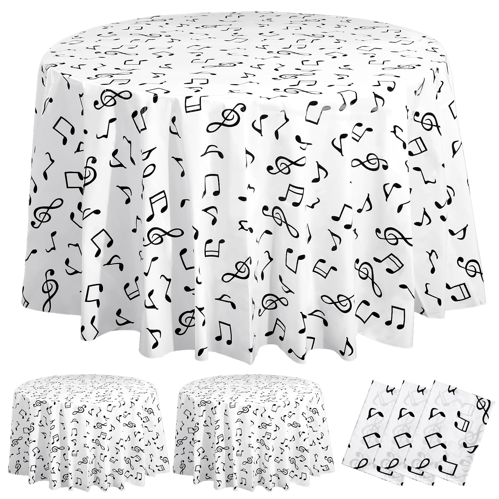 Oudain 3 Pcs Musical Notes Tablecovers Round 84 Inch Music Party Disposable Tablecloths Plastic Table Cover Music Themed Birthday Party Decoration