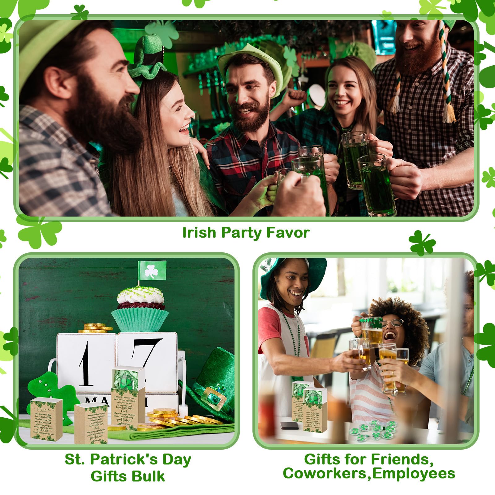 Bucherry 20 Set St. Patrick's Day Gift Bulk Four Leaf Clover Glass Token Charms with Greeting Boxes Irish Day Lucky Shamrock Gifts for DIY Friends Coworkers Employee Office Party Favors (Oval) — view 5