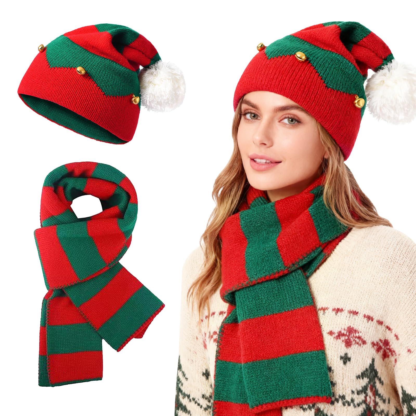 TAGVO 2 Pieces Christmas Hat Scarf Set, Winter Christmas Beaine Scarf, Xmas Knitted Hat Set, Elf Santa Hat Scarf for Party