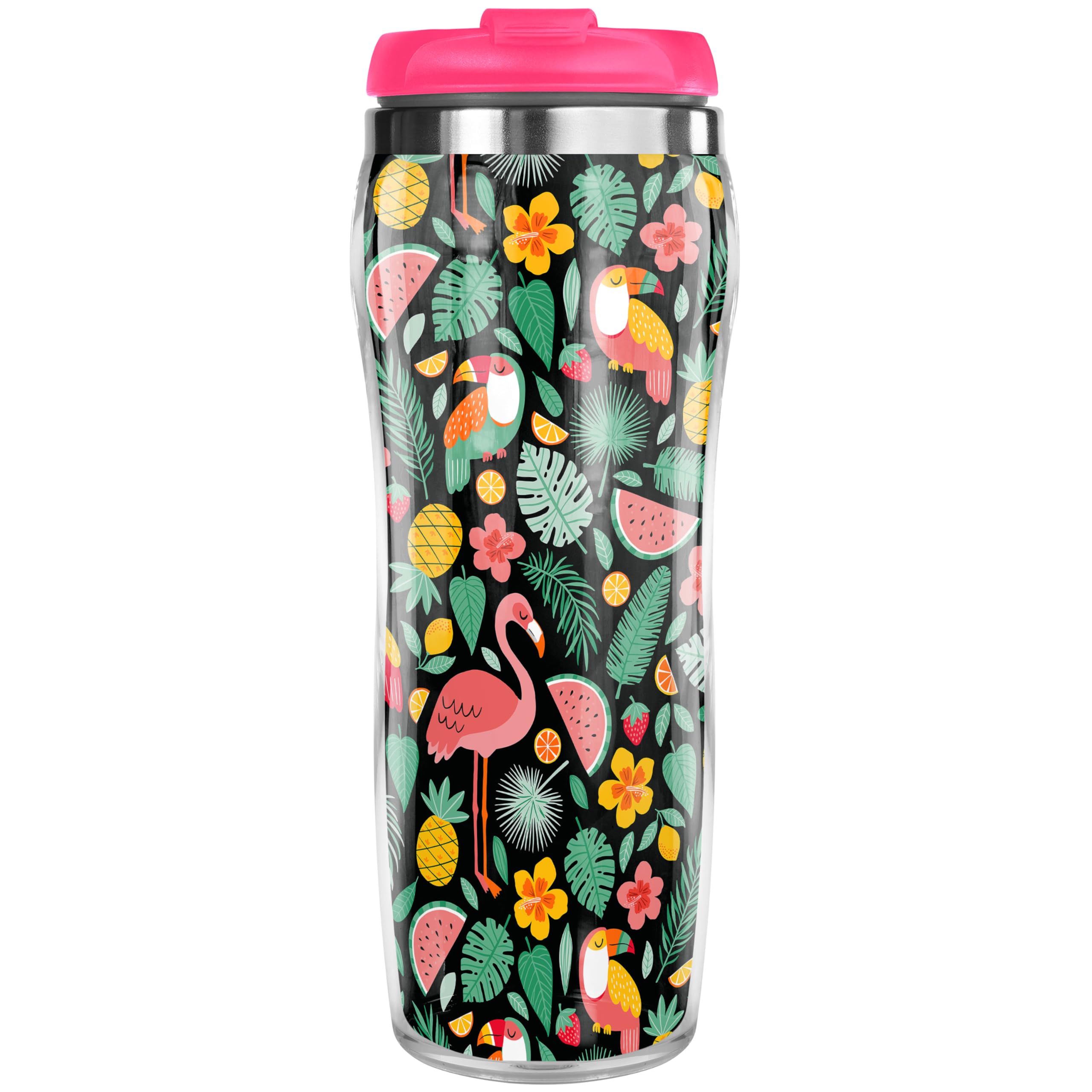 Pixly® Flowers Fruits and Birds Thermal Travel Mug Coffee Tea Flask, 400ml/14oz Capacity, Flower, Floral Pattern - Exotic Blush - Image 2