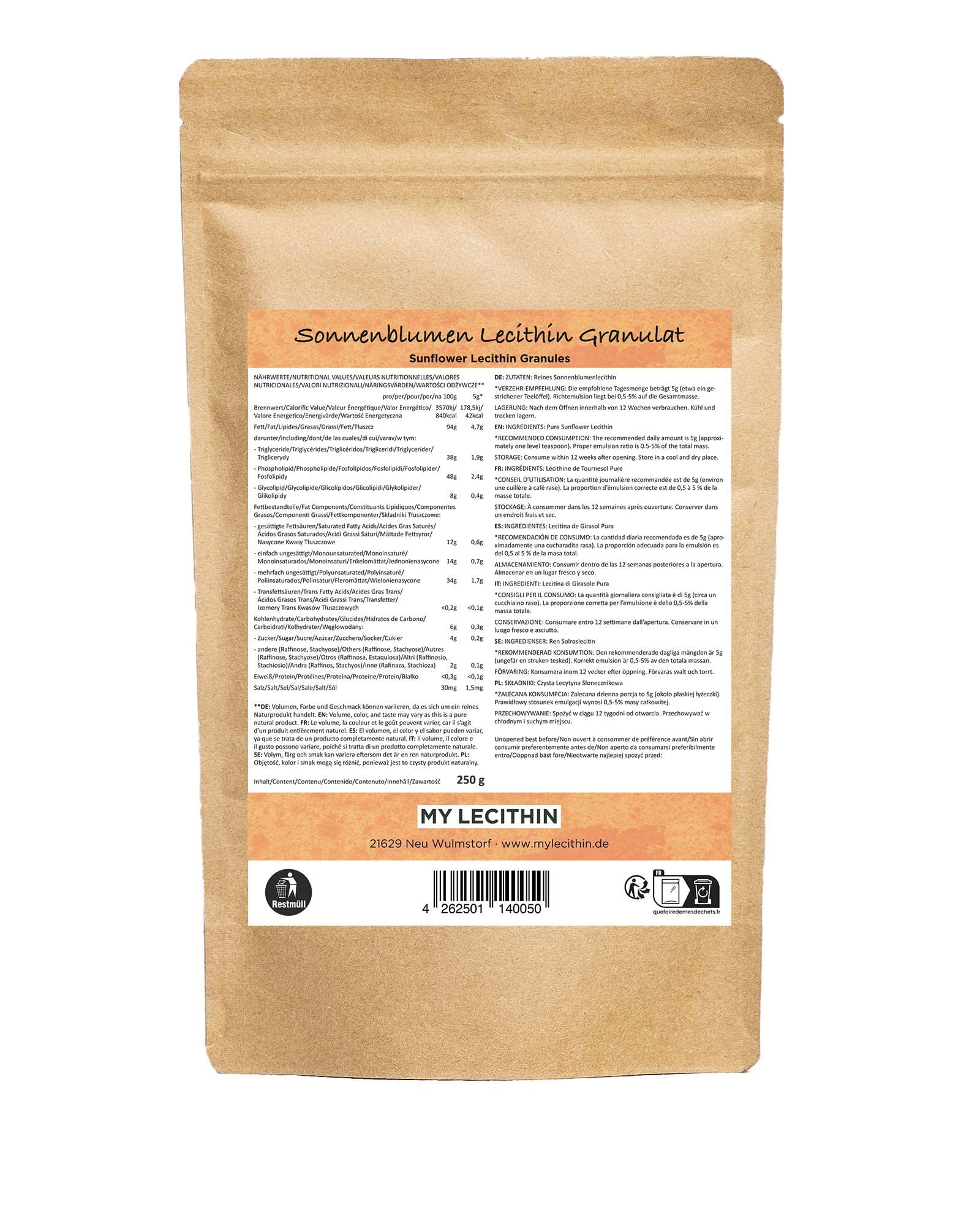 Gránulos de lecitina de girasol, producidos en Alemania, veganos, sin OGM, sin alérgenos (500 gr)