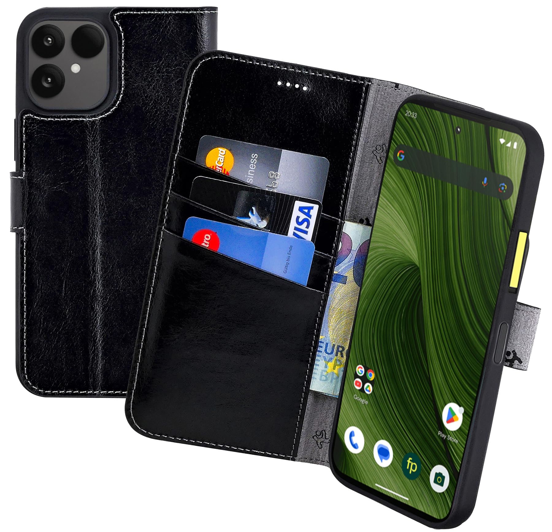 Suncase Book-Style Hülle kompatibel mit Fairphone 6 5G Leder Tasche (Slim-Fit) Lederhülle Handytasche Schutzhülle Case mit 3 Kartenfächer in schwarz