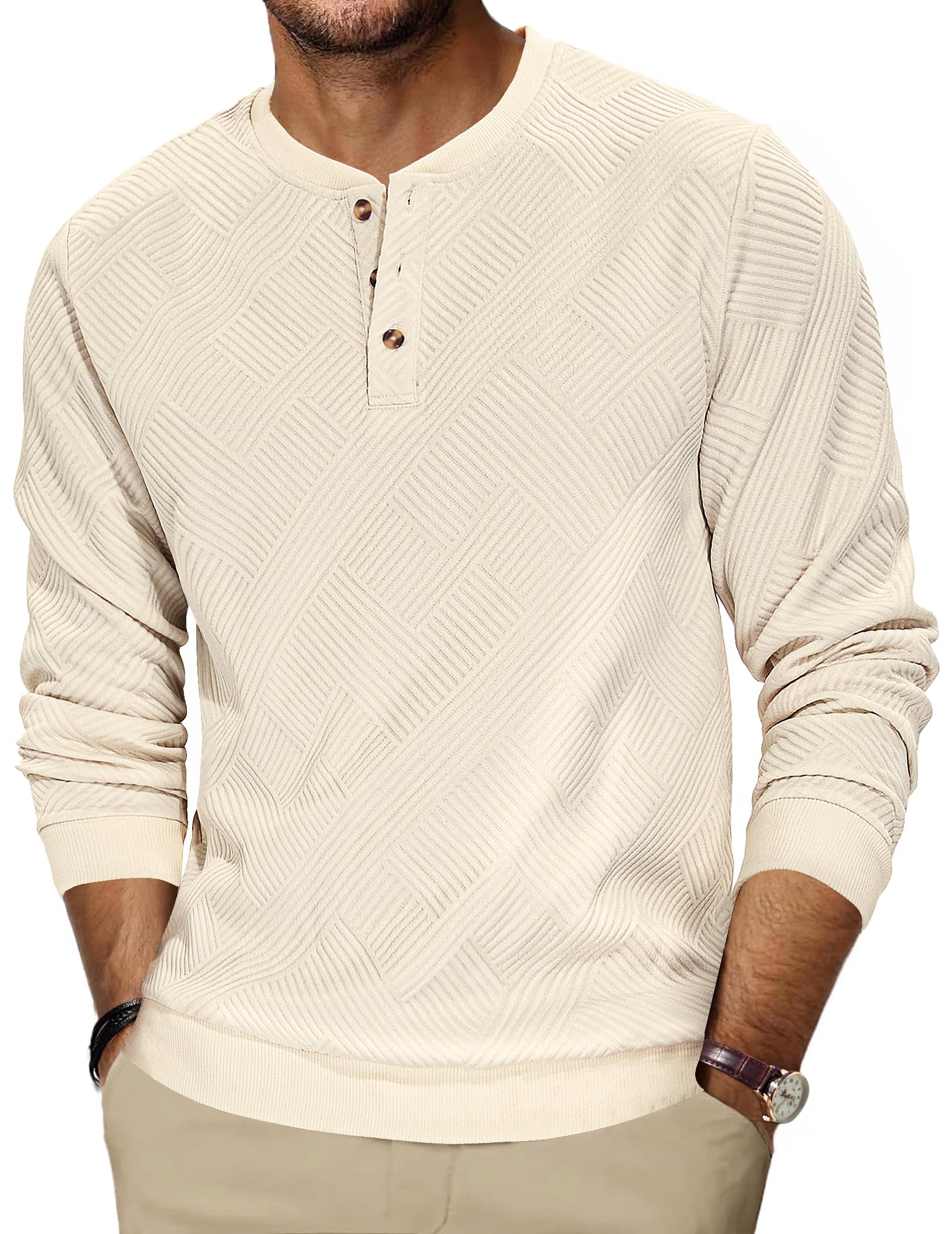 TARAINYA Texture Henley Sweatshirt Herren Baumwolle Pullover Langarmshirt | 3 tasten,regular fit,herbst und winter,leicht elastisch,gerippte bündchen kragen und saum,casual