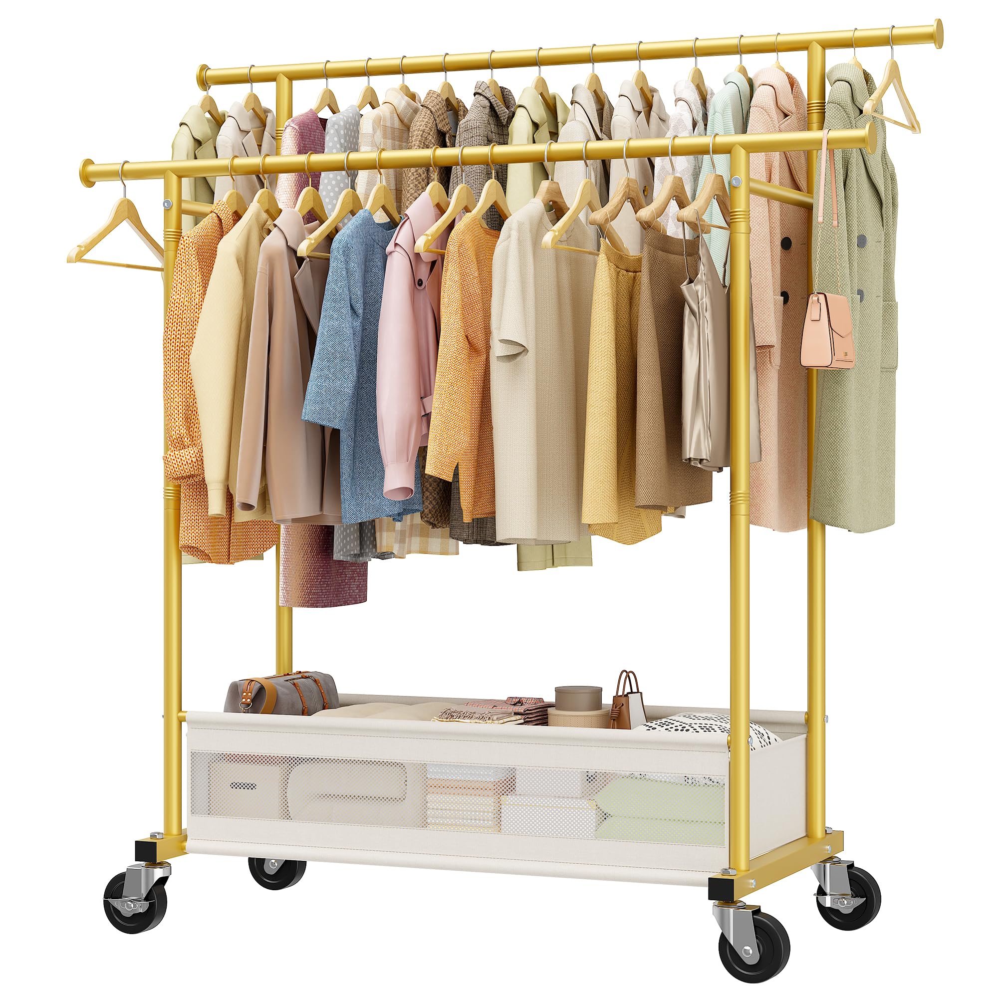 Clothes Rack Double rods clothing rack Clothing Racks for hanging clothes Rolling clothes rack with Storage Basket Heavy