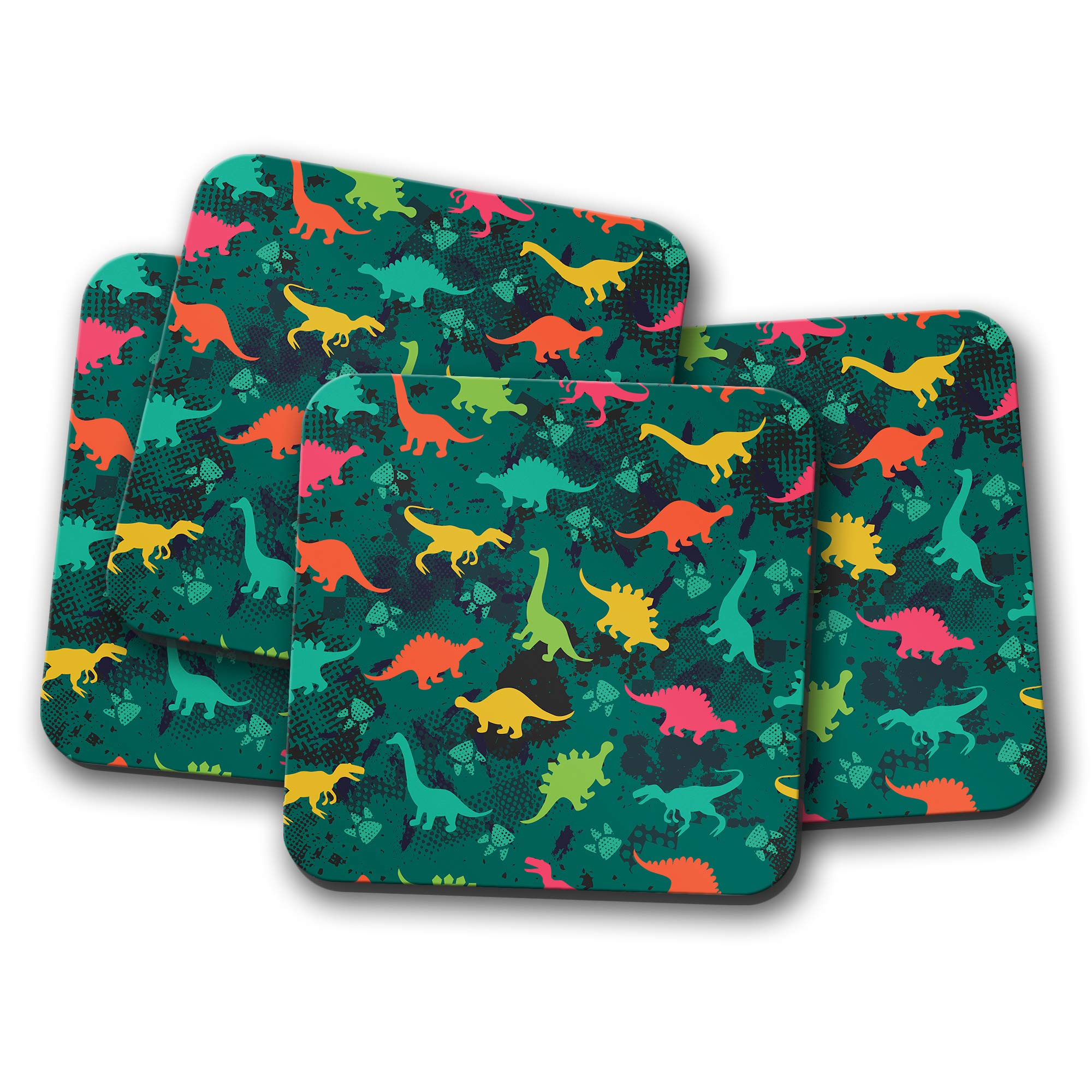 Destinationvinyl Multicolor 4 Set - Dinosaurs Coaster - Dinosaur Jurassic Camo Green Fun #13184